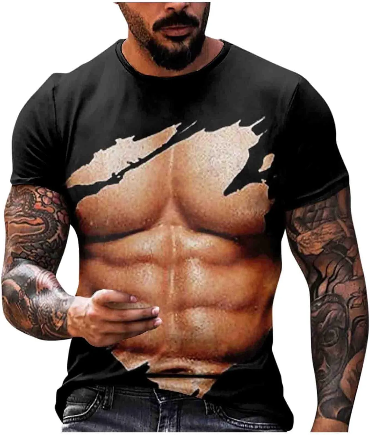 3D Fake Abs Printed T Shirts for Men Funny Graphic Tees Casual Short Sleeve Crewneck Summer Tops Slim Muscle Tees