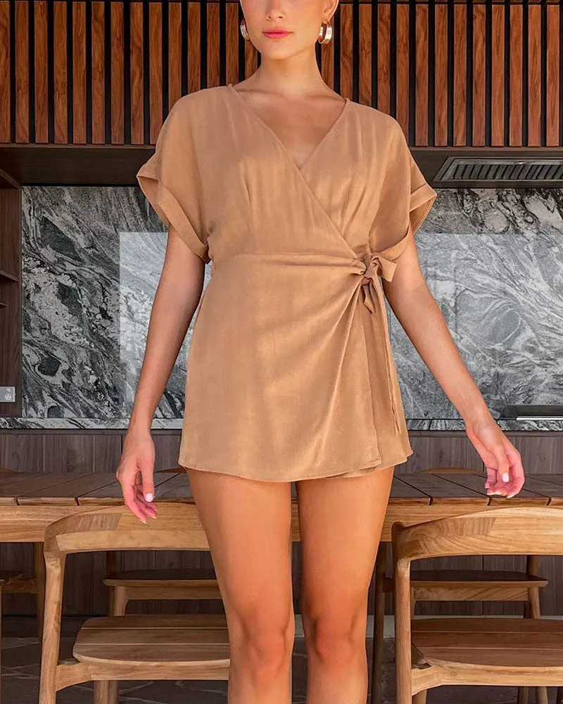 Casual Cotton Linen V Neck Tie Jumpsuit Shorts