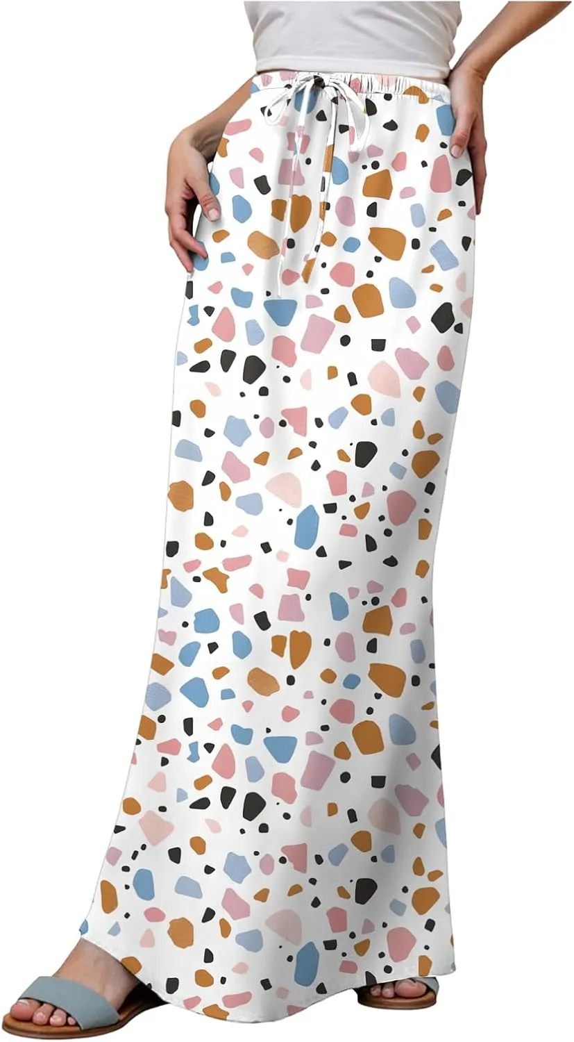 cooki Cotton Linen Maxi Skirts for Women 2025 Summer Casual Floral Graphic Boho Drawstring Low Waisted Slim Fit Long Skirt