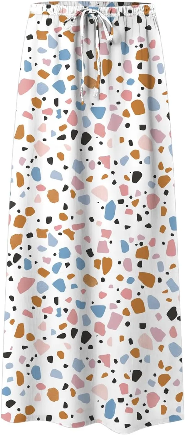 cooki Cotton Linen Maxi Skirts for Women 2025 Summer Casual Floral Graphic Boho Drawstring Low Waisted Slim Fit Long Skirt