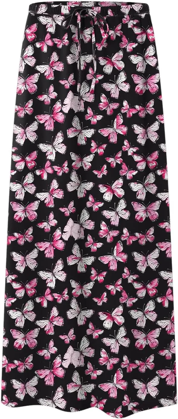 cooki Cotton Linen Skirts for Women Maxi Length Summer Casual Floral Graphic Boho Drawstring Low Waisted Slim Fit Long Skirt