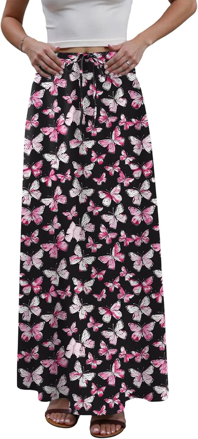 cooki Cotton Linen Skirts for Women Maxi Length Summer Casual Floral Graphic Boho Drawstring Low Waisted Slim Fit Long Skirt