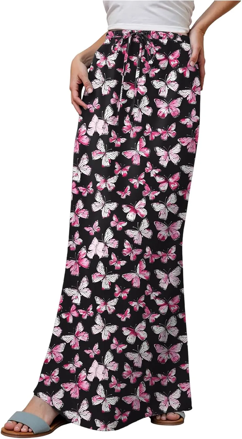 cooki Cotton Linen Skirts for Women Maxi Length Summer Casual Floral Graphic Boho Drawstring Low Waisted Slim Fit Long Skirt