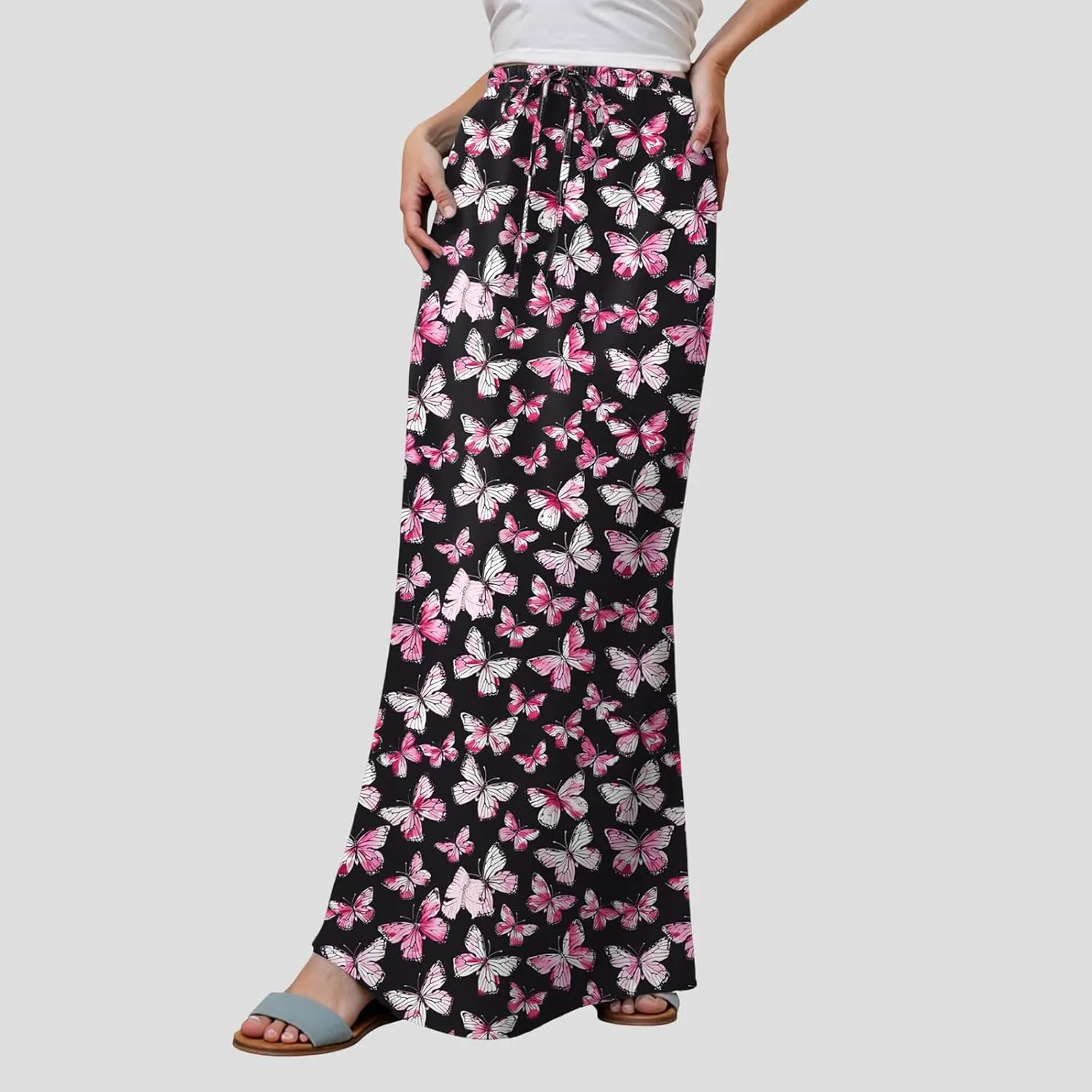 cooki Cotton Linen Skirts for Women Maxi Length Summer Casual Floral Graphic Boho Drawstring Low Waisted Slim Fit Long Skirt