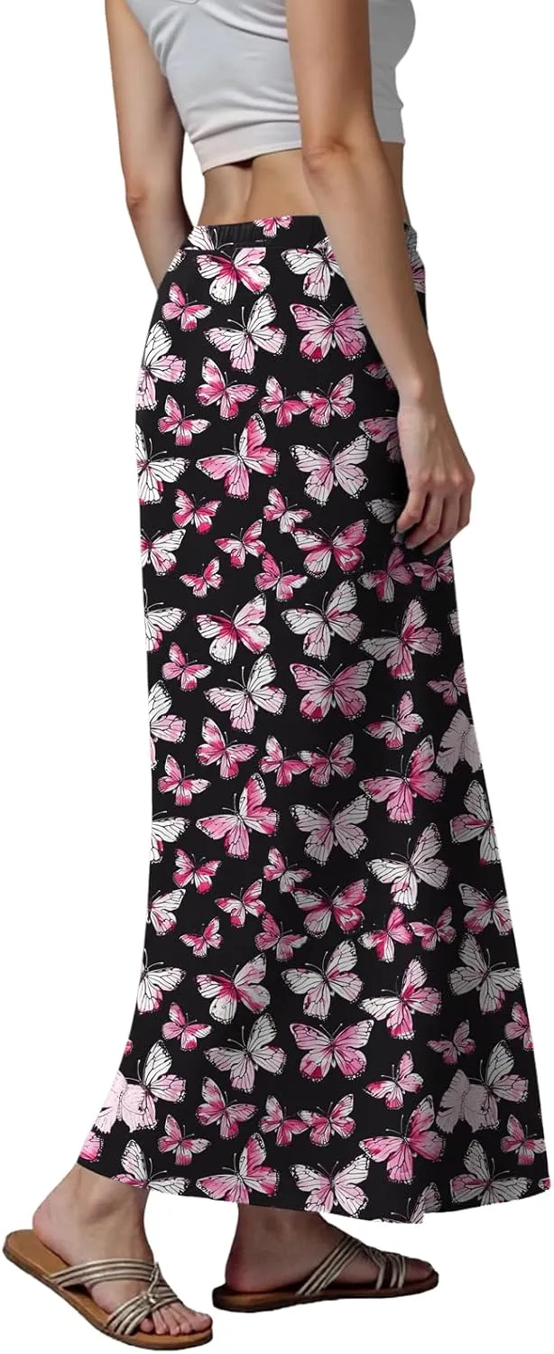 cooki Cotton Linen Skirts for Women Maxi Length Summer Casual Floral Graphic Boho Drawstring Low Waisted Slim Fit Long Skirt
