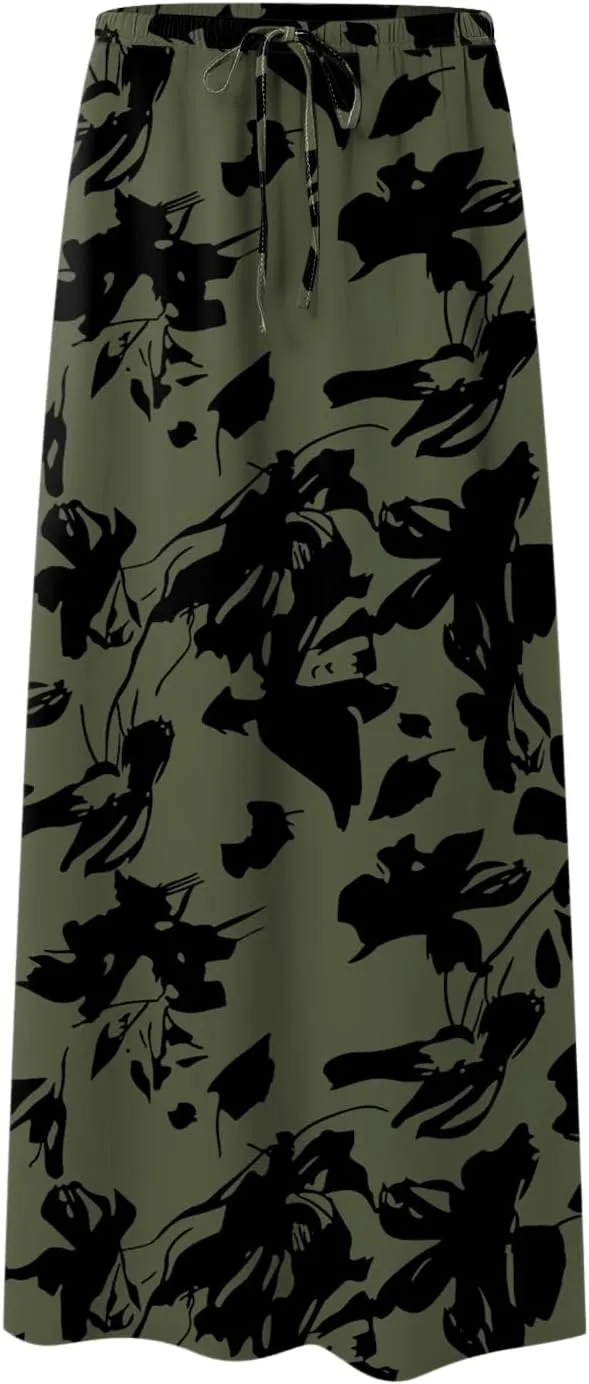 cooki Maxi Skirts for Women 2025 Summer Casual Linen Cotton Slim Drawstring High Waisted Floral Print Boho Flowy Long Skirt