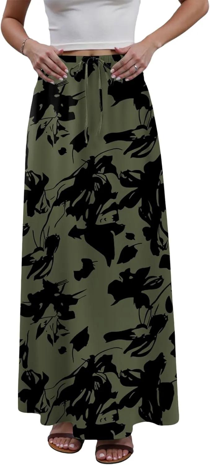 cooki Maxi Skirts for Women 2025 Summer Casual Linen Cotton Slim Drawstring High Waisted Floral Print Boho Flowy Long Skirt