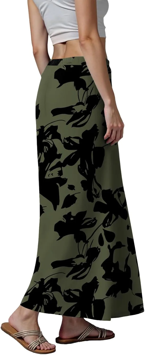 cooki Maxi Skirts for Women 2025 Summer Casual Linen Cotton Slim Drawstring High Waisted Floral Print Boho Flowy Long Skirt