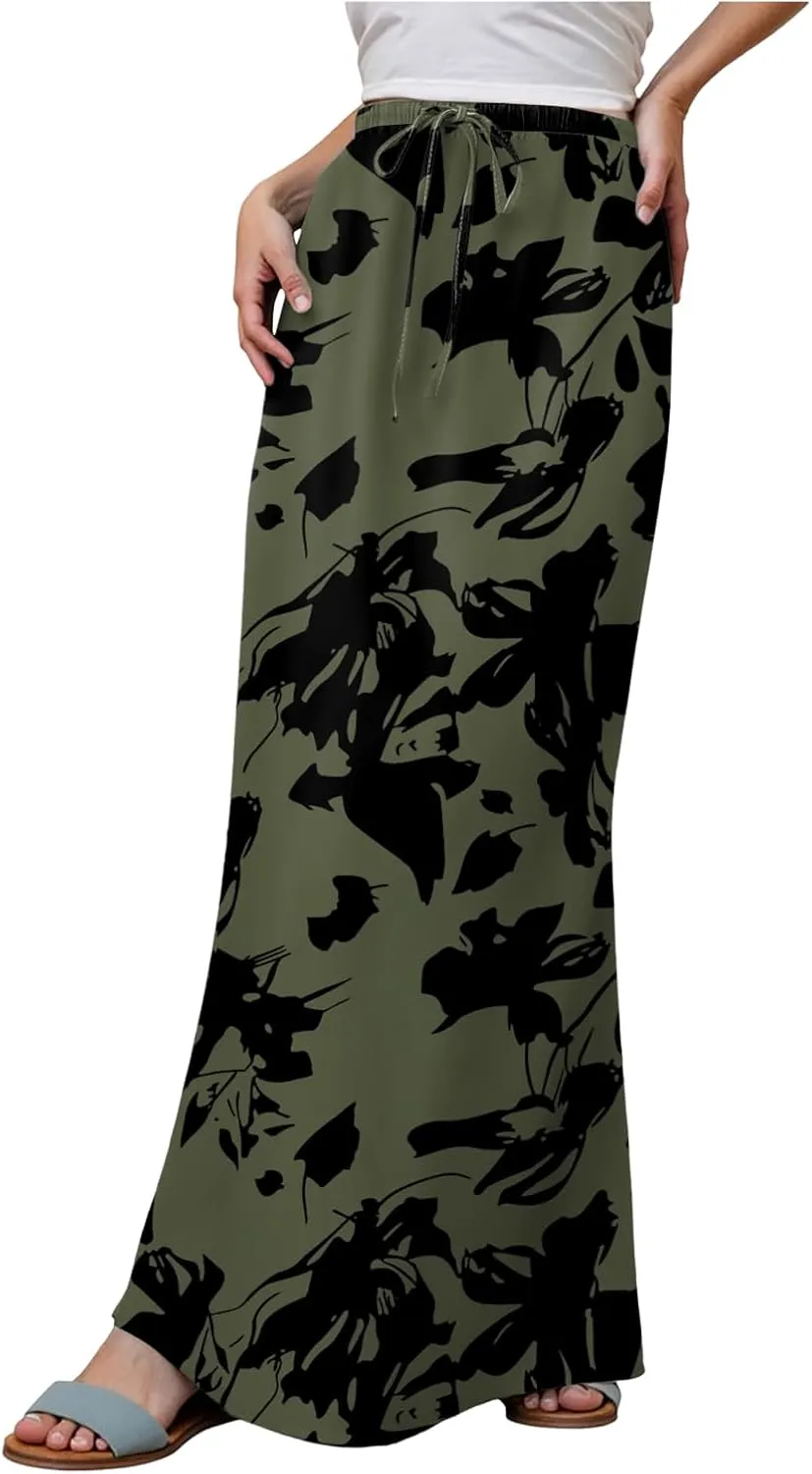 cooki Maxi Skirts for Women 2025 Summer Casual Linen Cotton Slim Drawstring High Waisted Floral Print Boho Flowy Long Skirt