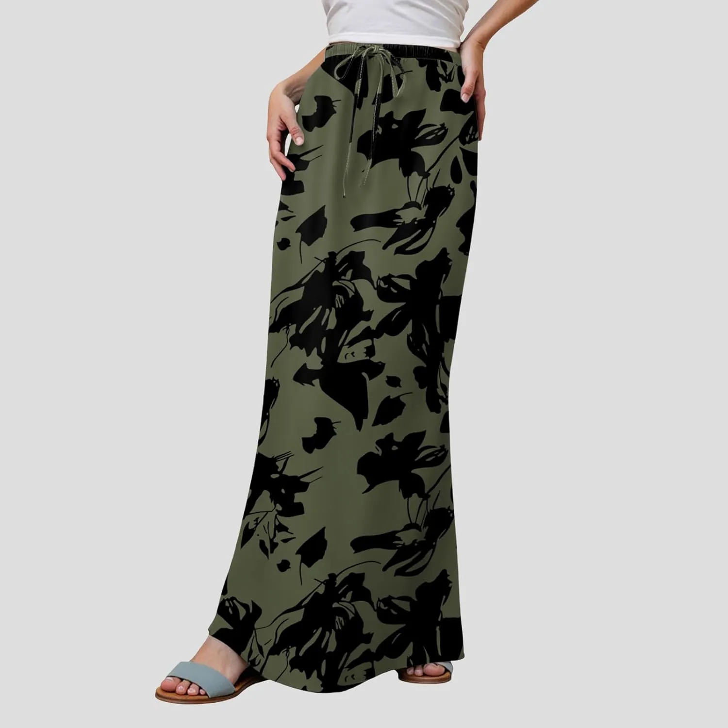 cooki Maxi Skirts for Women 2025 Summer Casual Linen Cotton Slim Drawstring High Waisted Floral Print Boho Flowy Long Skirt