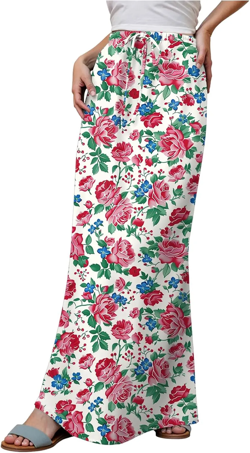cooki Maxi Skirts for Women 2025 Summer Casual Linen Cotton Slim Fit High Waisted Floral Print Boho Flowy Long Skirt