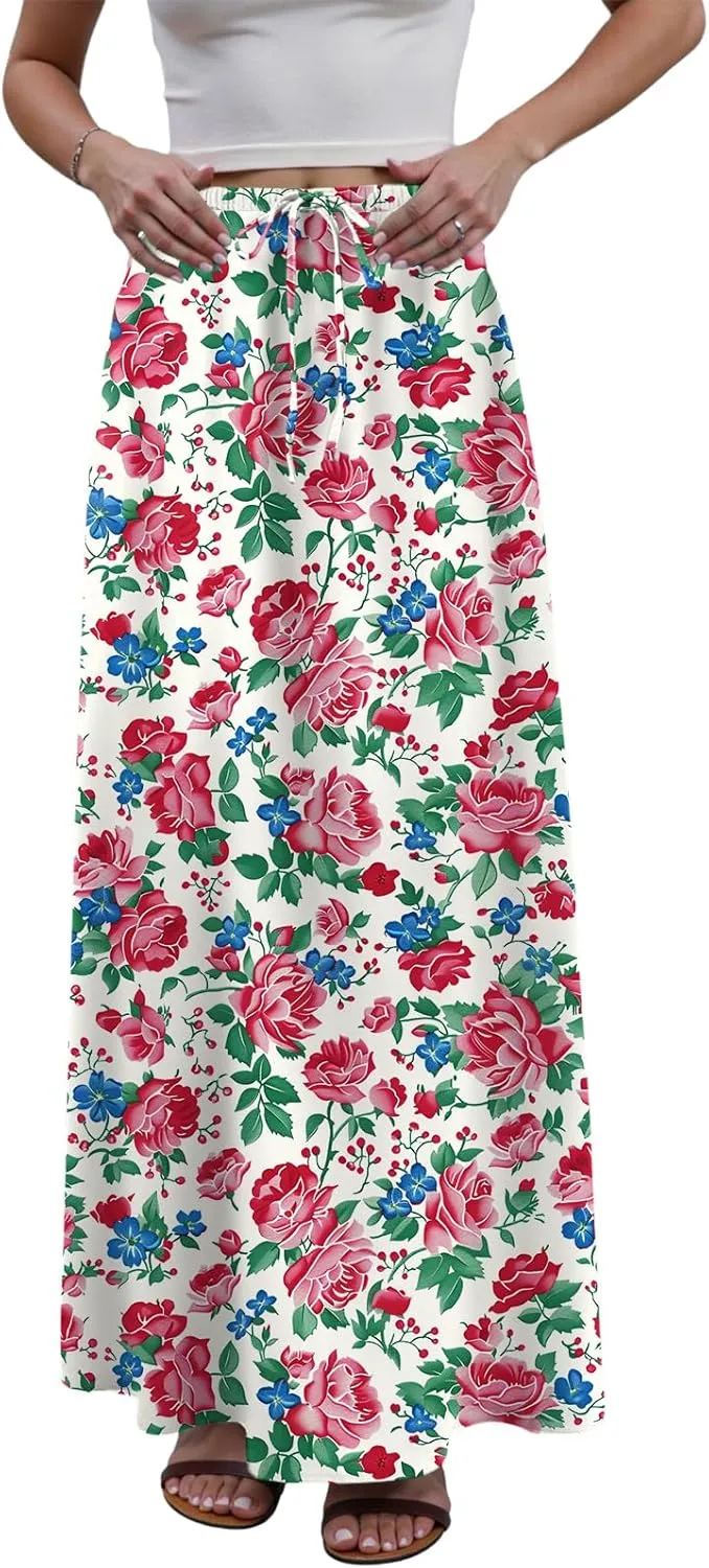 cooki Maxi Skirts for Women 2025 Summer Casual Linen Cotton Slim Fit High Waisted Floral Print Boho Flowy Long Skirt