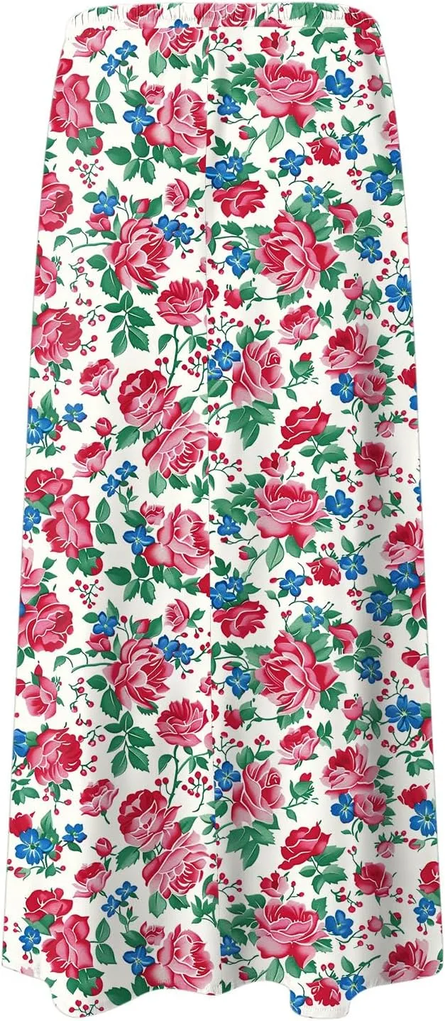 cooki Maxi Skirts for Women 2025 Summer Casual Linen Cotton Slim Fit High Waisted Floral Print Boho Flowy Long Skirt