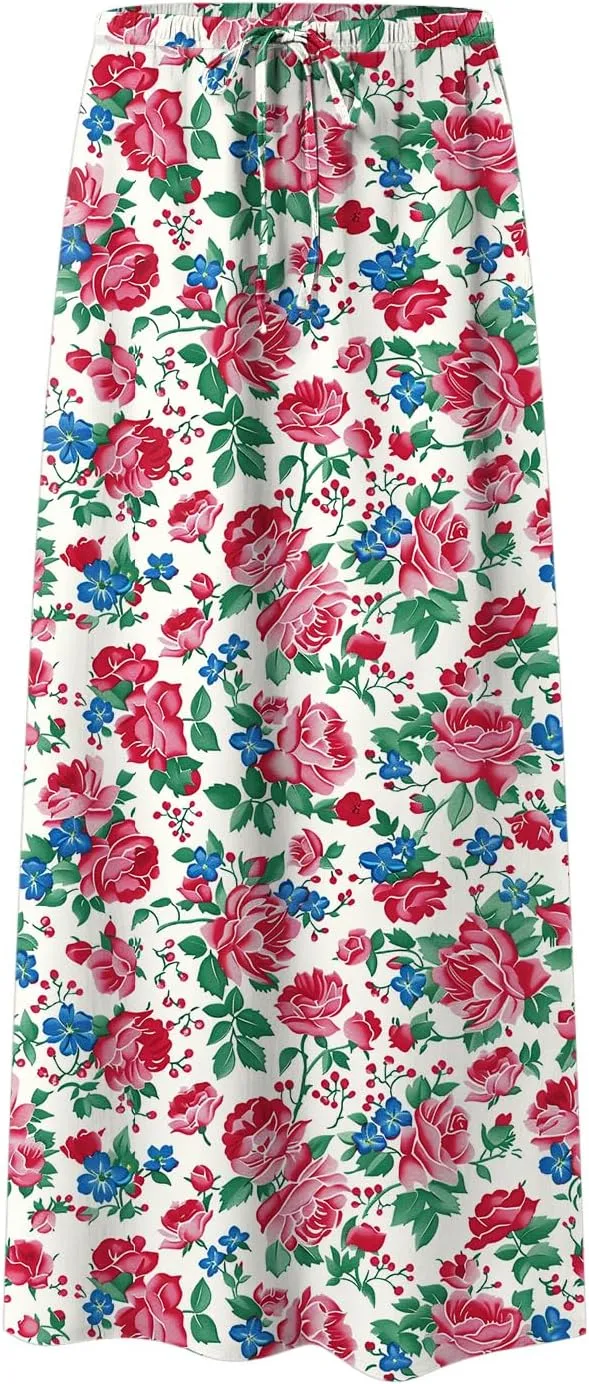 cooki Maxi Skirts for Women 2025 Summer Casual Linen Cotton Slim Fit High Waisted Floral Print Boho Flowy Long Skirt