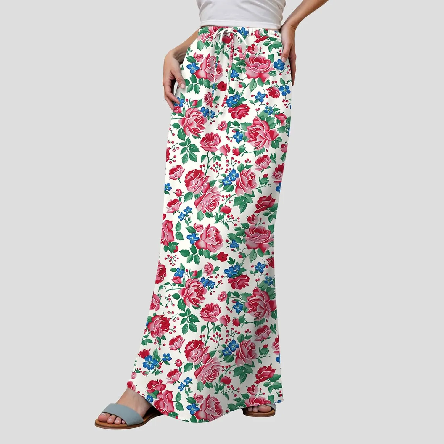 cooki Maxi Skirts for Women 2025 Summer Casual Linen Cotton Slim Fit High Waisted Floral Print Boho Flowy Long Skirt