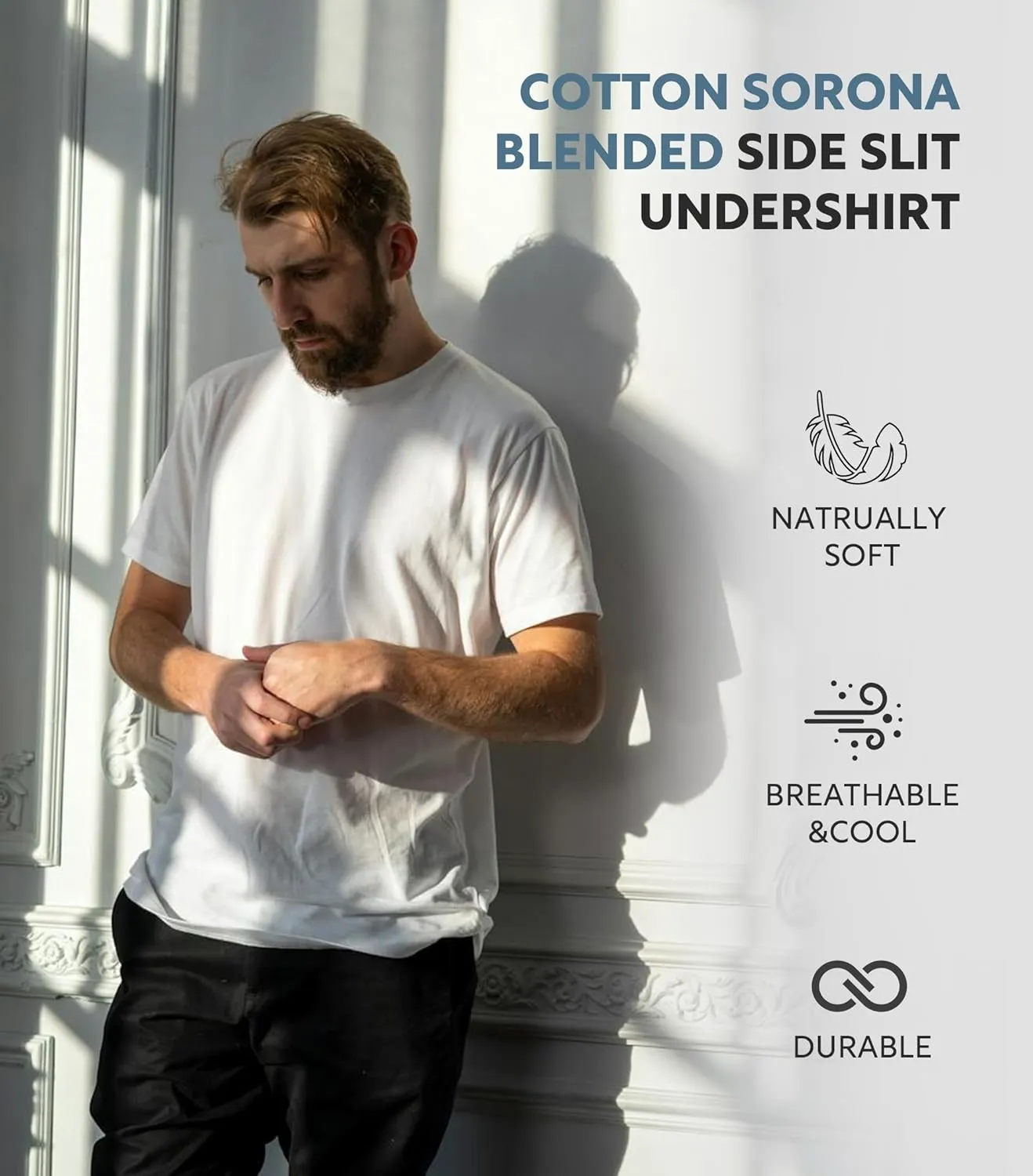 DAVID ARCHY Men's T-Shirt Heavyweight Tees Cotton Sorona Casual Plain Shirts Side Slit/Curved Hem Tees for Men 2-Pack