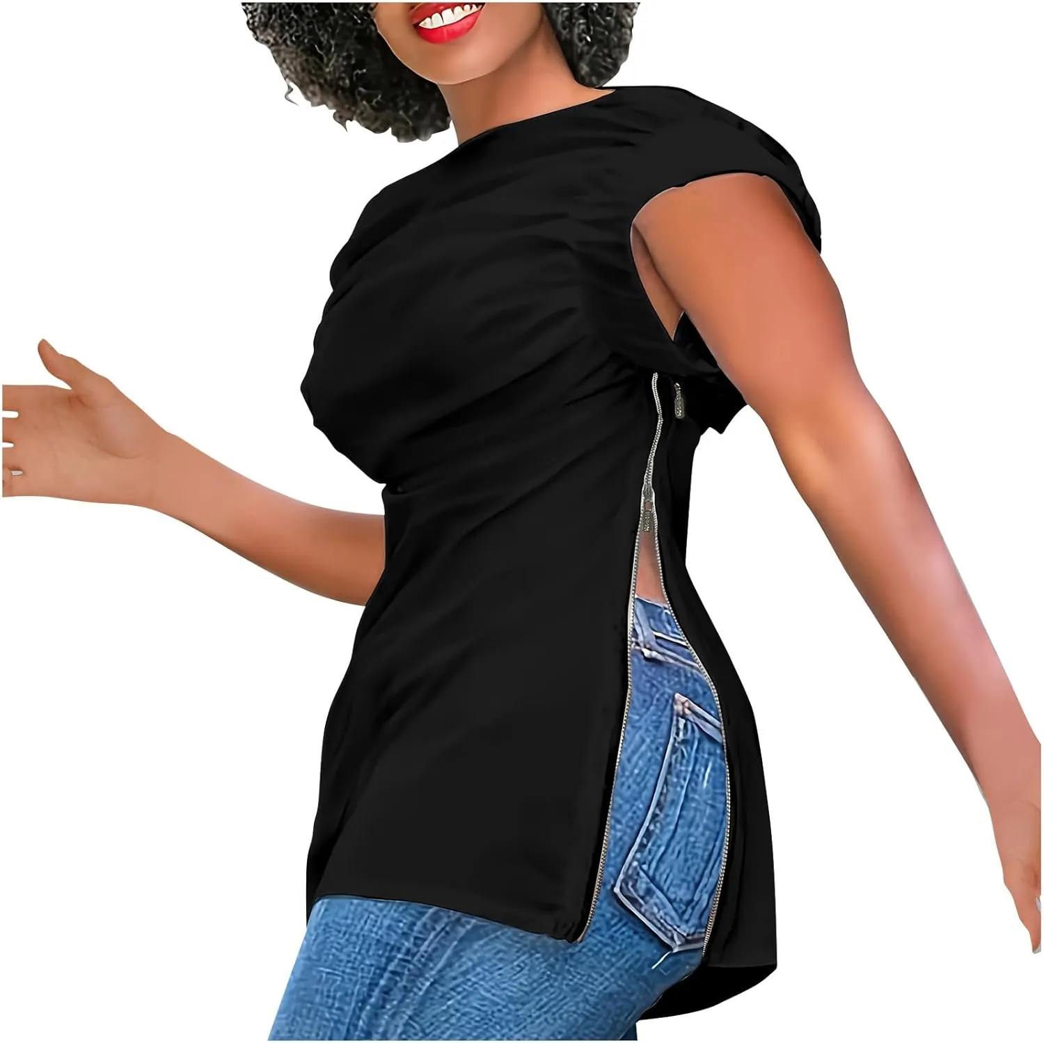 Dressy Blouse for Women Asymmetrical Neckline Short Sleeve Tops Summer Loose Casual Tshirts with Zip Up Side Slit