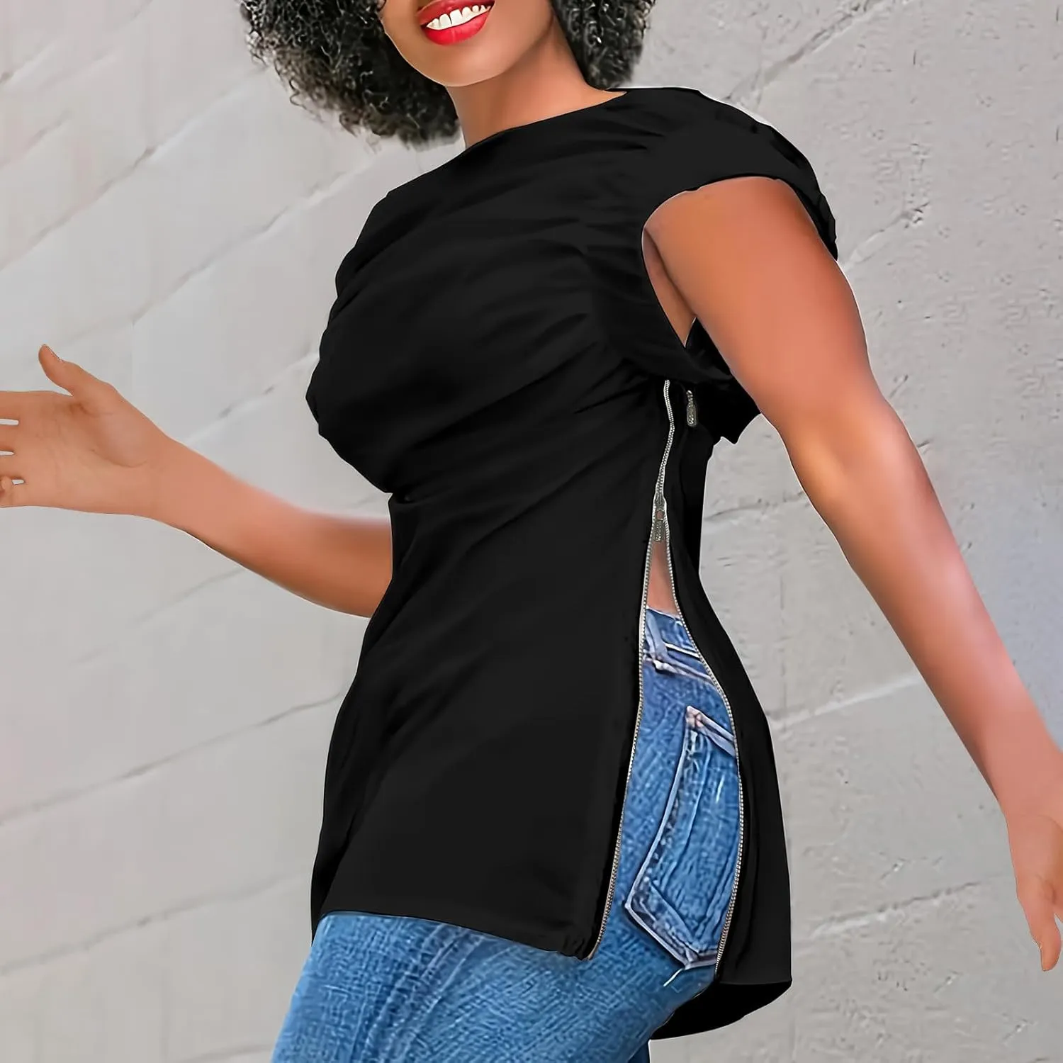 Dressy Blouse for Women Asymmetrical Neckline Short Sleeve Tops Summer Loose Casual Tshirts with Zip Up Side Slit