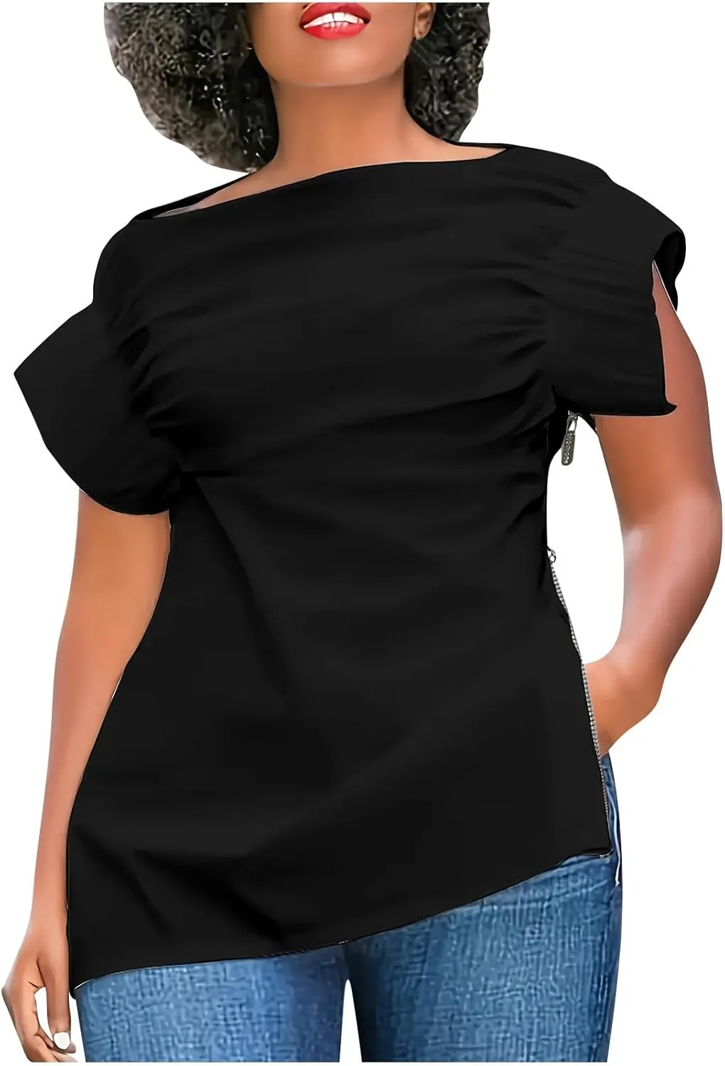 Dressy Blouse for Women Asymmetrical Neckline Short Sleeve Tops Summer Loose Casual Tshirts with Zip Up Side Slit