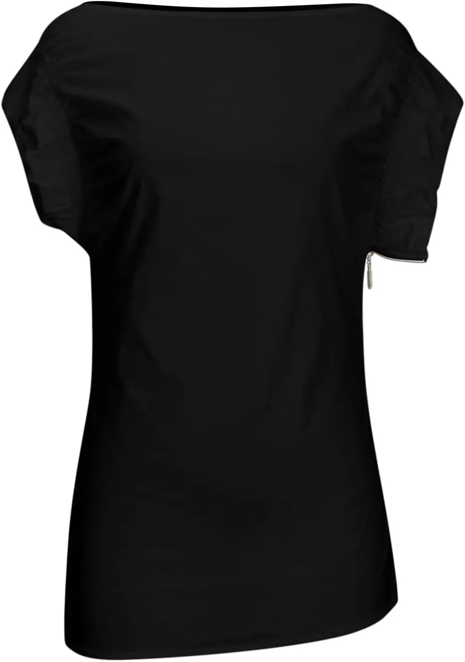 Dressy Blouse for Women Asymmetrical Neckline Short Sleeve Tops Summer Loose Casual Tshirts with Zip Up Side Slit