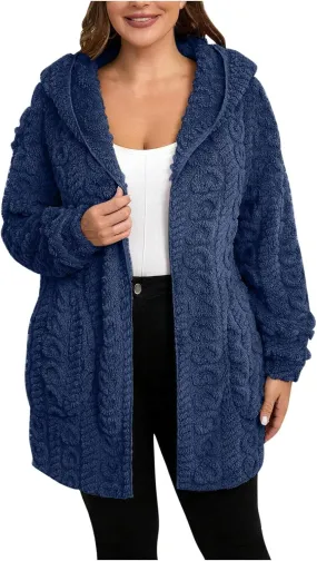 Fleece Jackets for Women Fuzzy Open Front Oversized Cardigan Hooded Sherpa Jacket Fluffy Winter Coats with Pockets