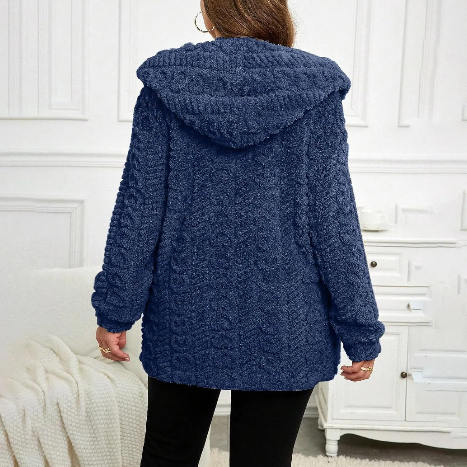 Fleece Jackets for Women Fuzzy Open Front Oversized Cardigan Hooded Sherpa Jacket Fluffy Winter Coats with Pockets