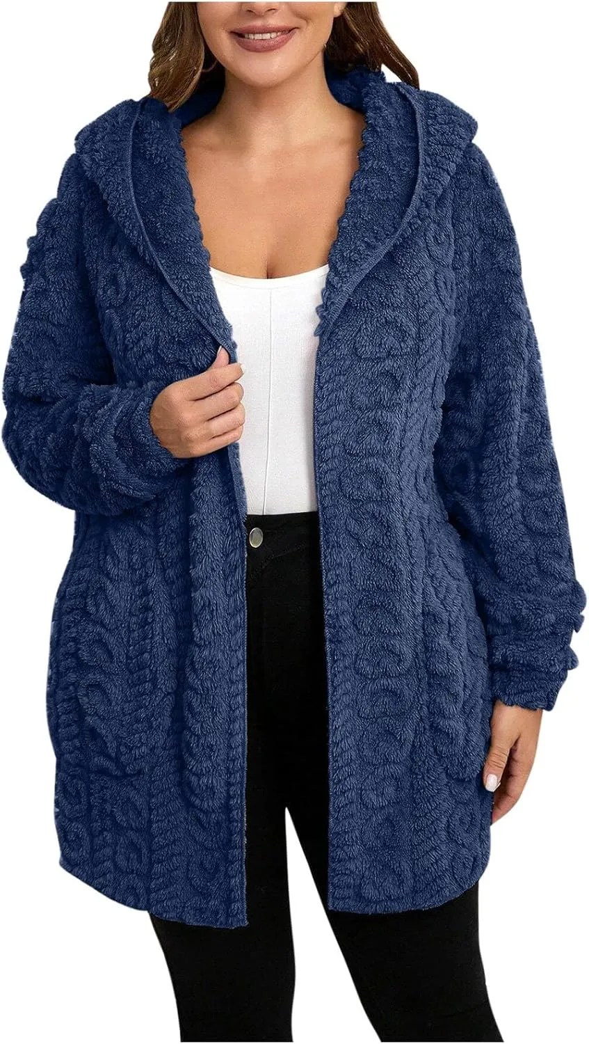 Fleece Jackets for Women Fuzzy Open Front Oversized Cardigan Hooded Sherpa Jacket Fluffy Winter Coats with Pockets