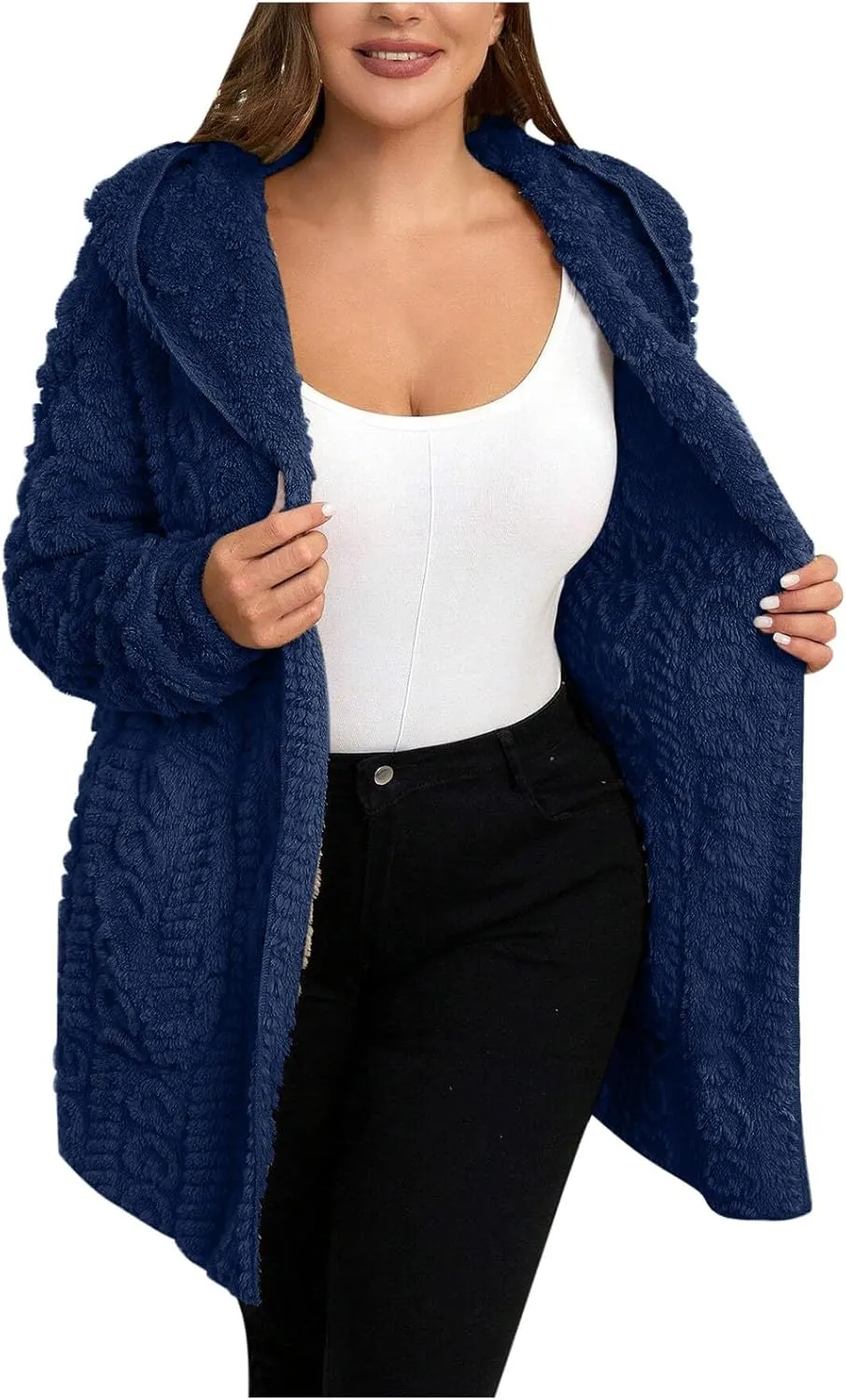 Fleece Jackets for Women Fuzzy Open Front Oversized Cardigan Hooded Sherpa Jacket Fluffy Winter Coats with Pockets