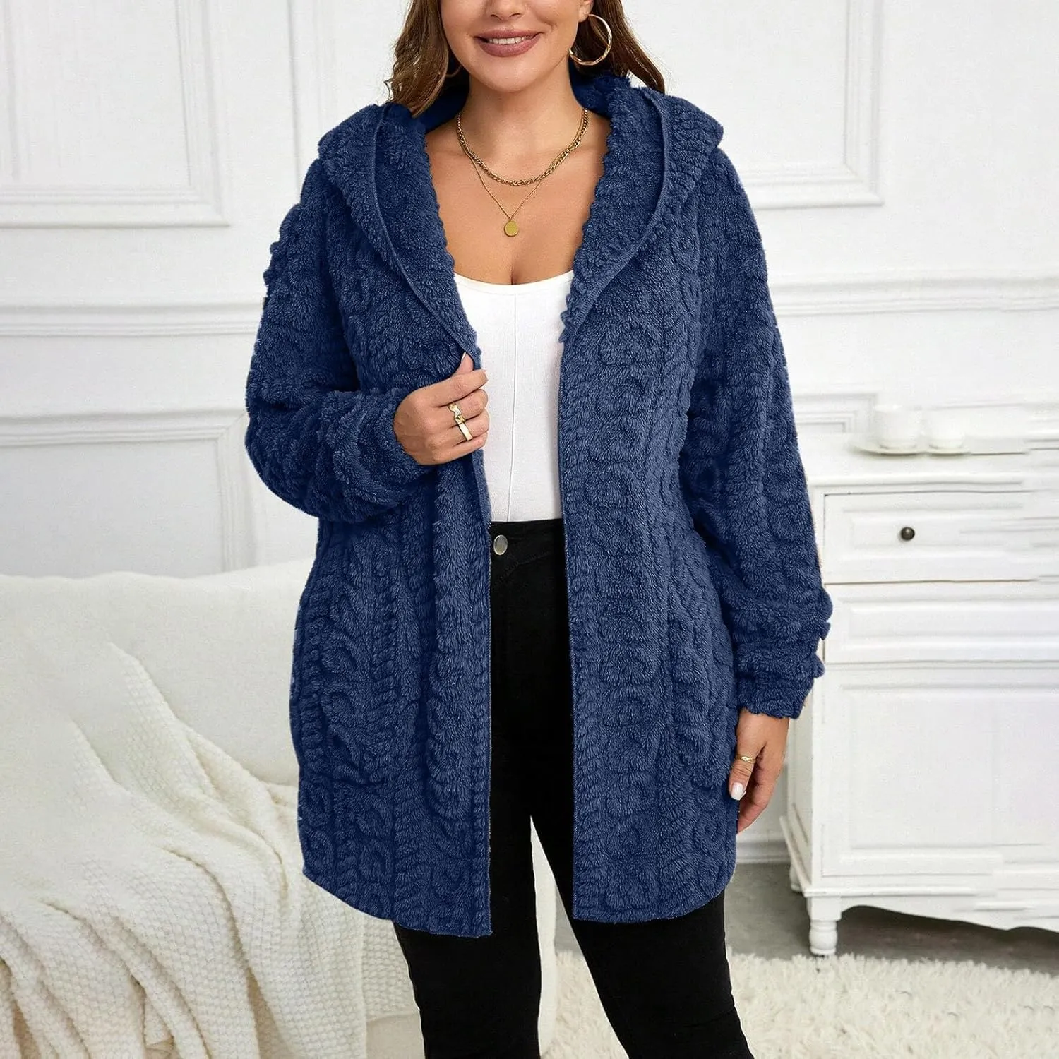 Fleece Jackets for Women Fuzzy Open Front Oversized Cardigan Hooded Sherpa Jacket Fluffy Winter Coats with Pockets