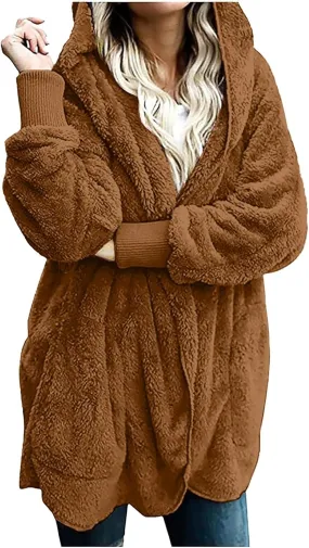 Fleece Jackets for Women Winter Coats with Hood Warm Oversized Fuzzy Jacket Long Cardigan Sweaters Soft Coat