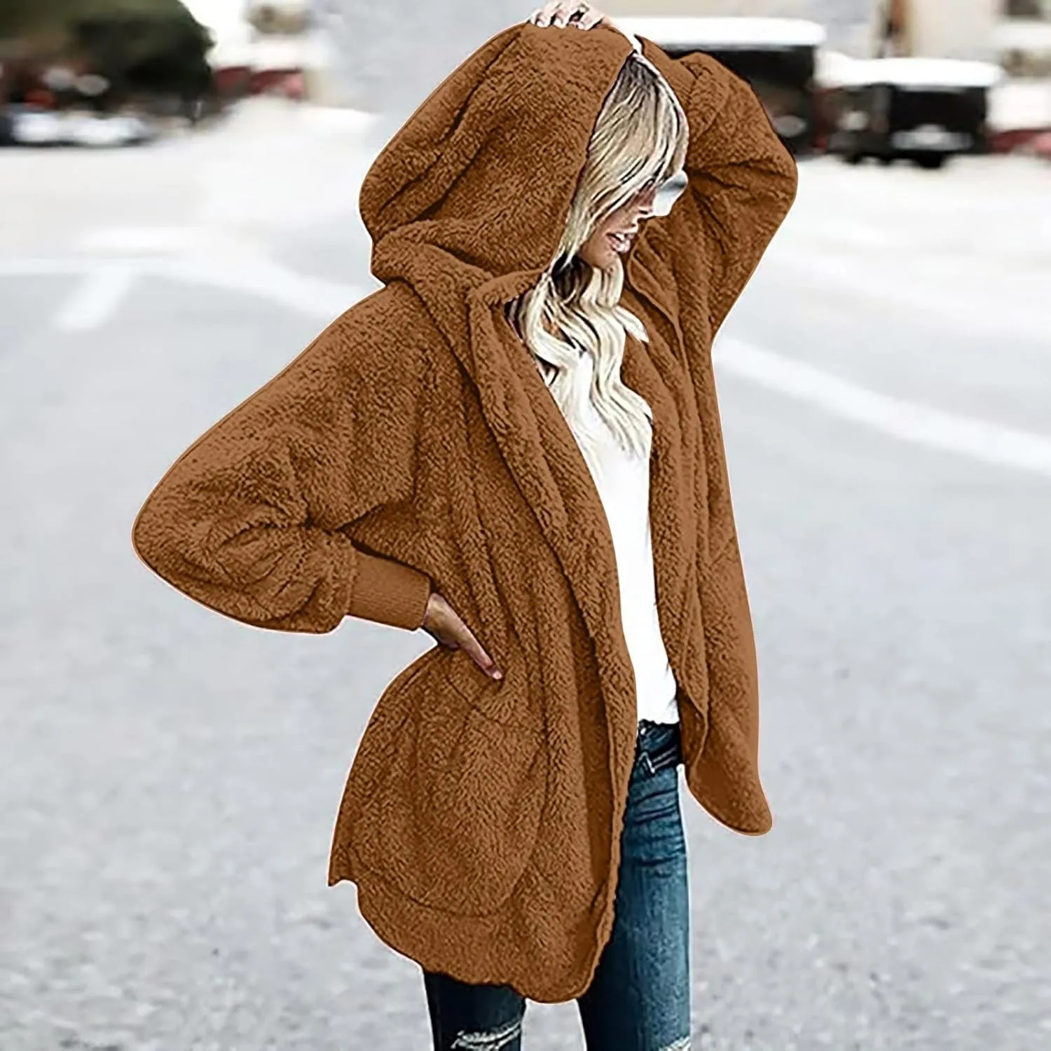Fleece Jackets for Women Winter Coats with Hood Warm Oversized Fuzzy Jacket Long Cardigan Sweaters Soft Coat