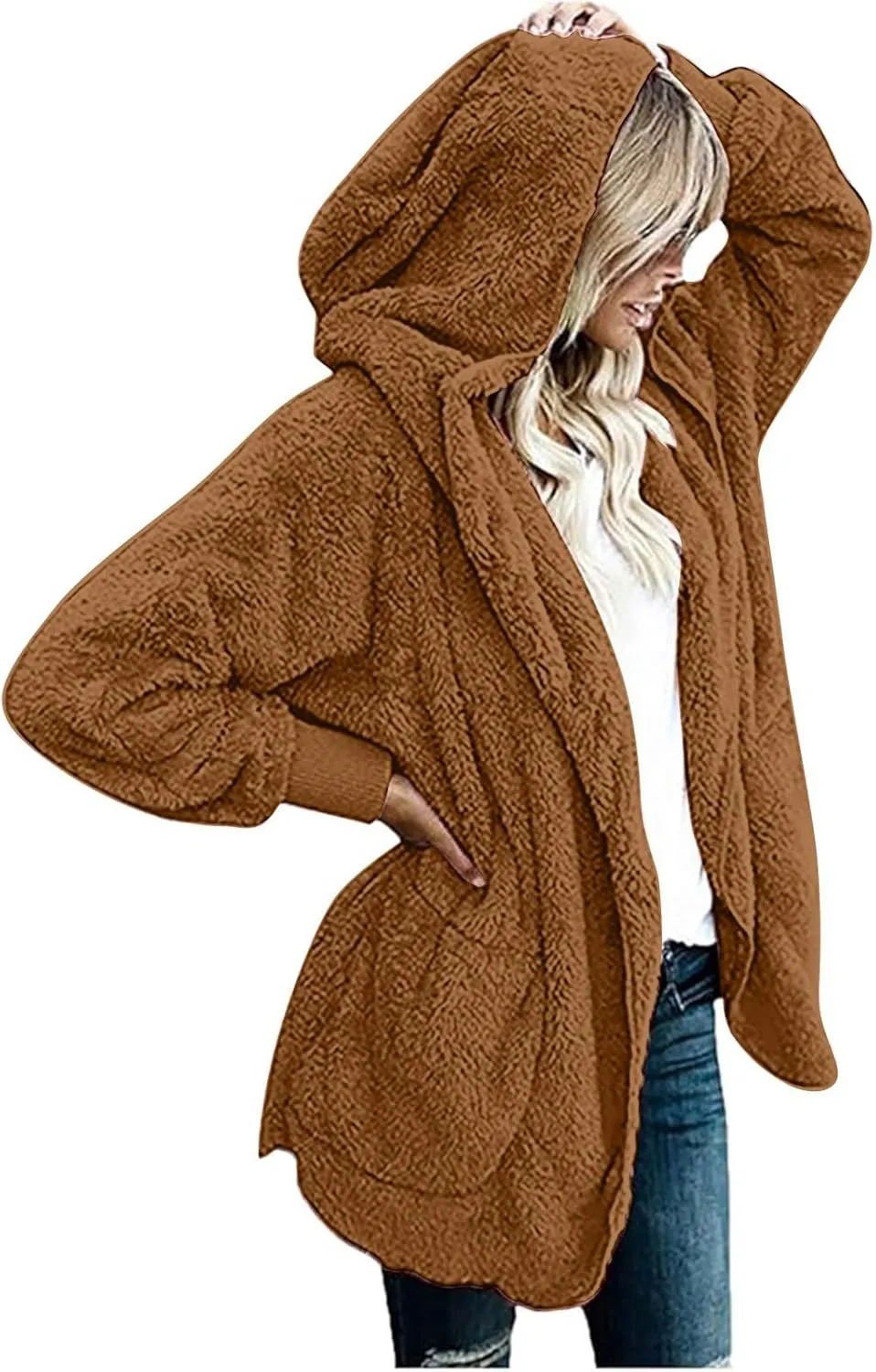 Fleece Jackets for Women Winter Coats with Hood Warm Oversized Fuzzy Jacket Long Cardigan Sweaters Soft Coat