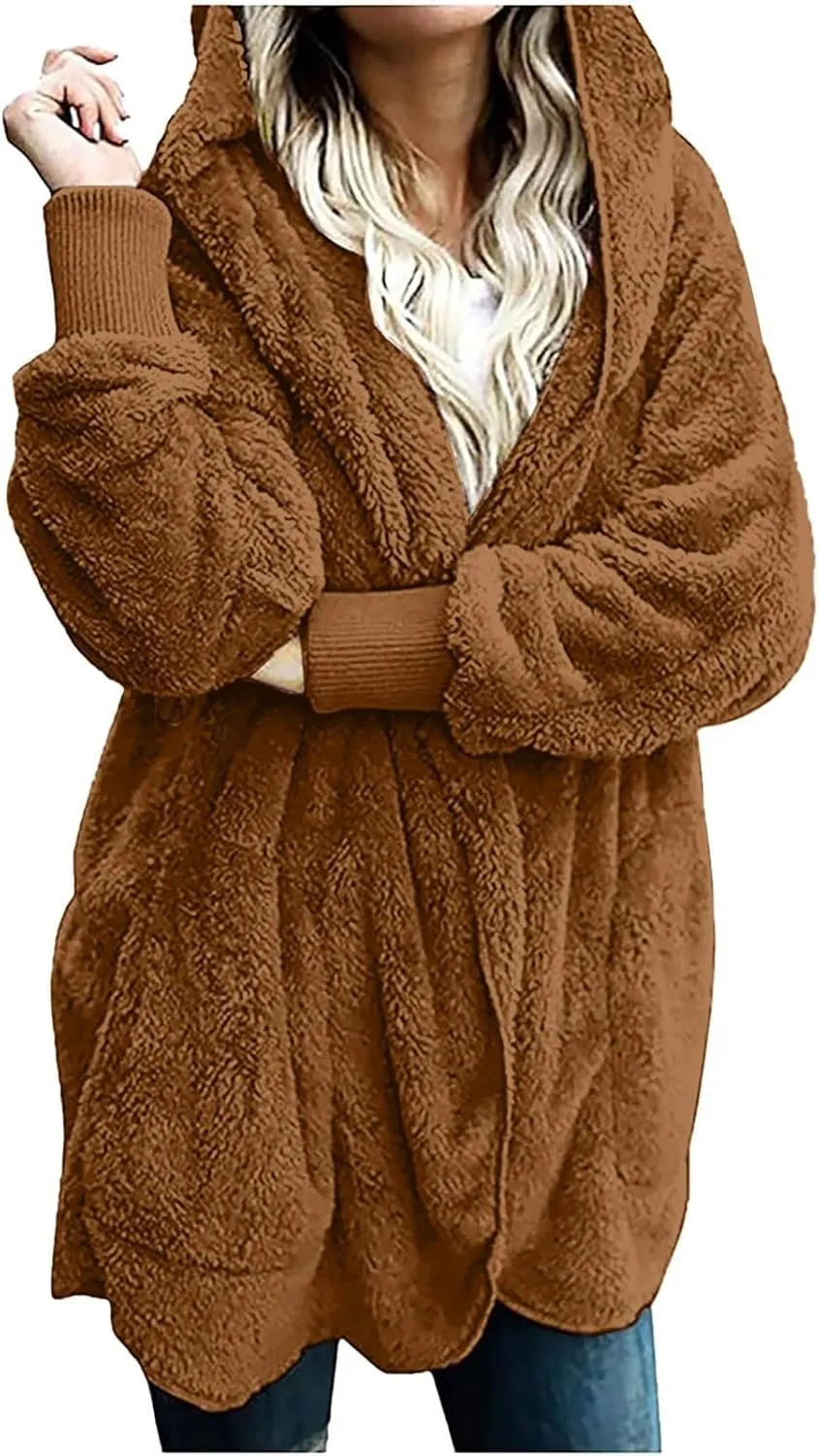Fleece Jackets for Women Winter Coats with Hood Warm Oversized Fuzzy Jacket Long Cardigan Sweaters Soft Coat