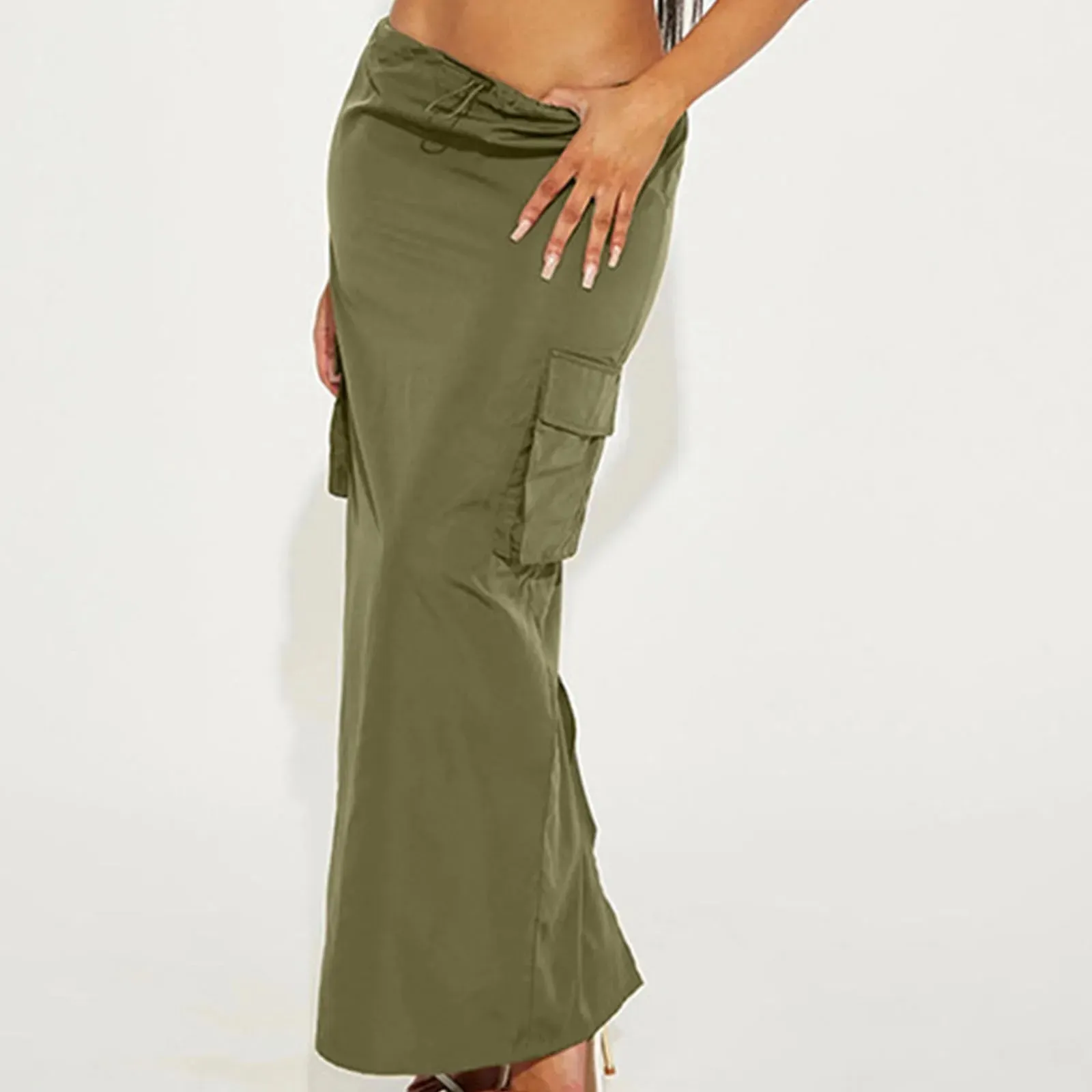 Green Long Cargo Skirt Pocket Side Ruched Slim Zipper Back Slit Hem Maxi Cargo Style Fashion Skirt