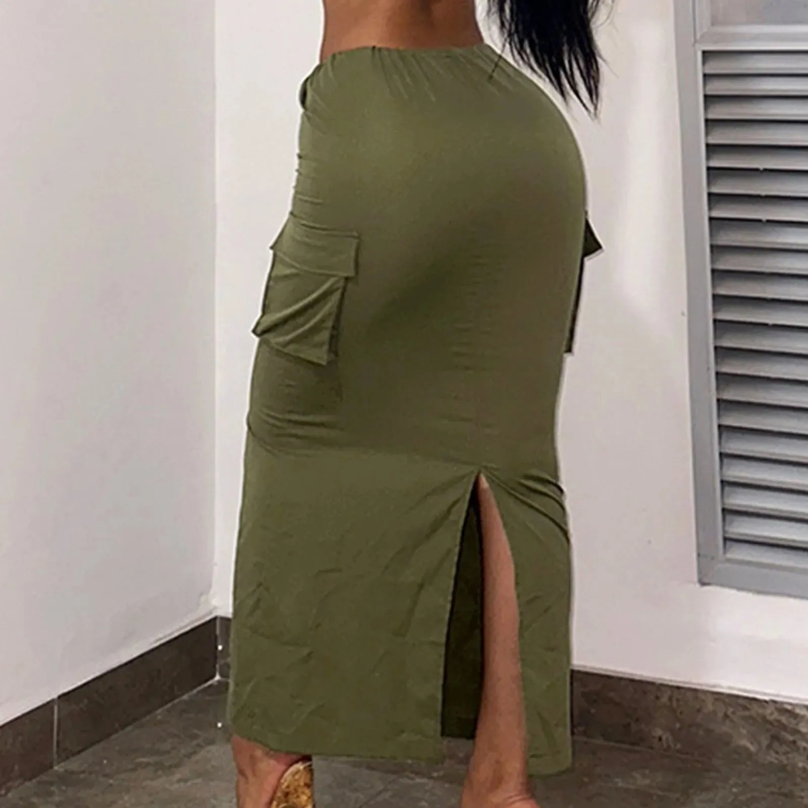 Green Long Cargo Skirt Pocket Side Ruched Slim Zipper Back Slit Hem Maxi Cargo Style Fashion Skirt