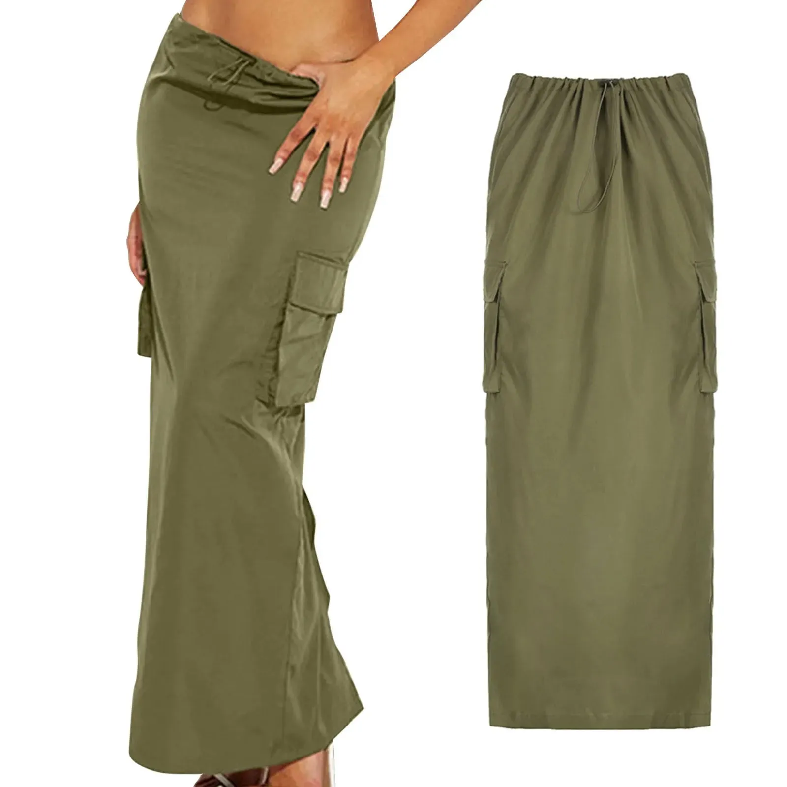 Green Long Cargo Skirt Pocket Side Ruched Slim Zipper Back Slit Hem Maxi Cargo Style Fashion Skirt