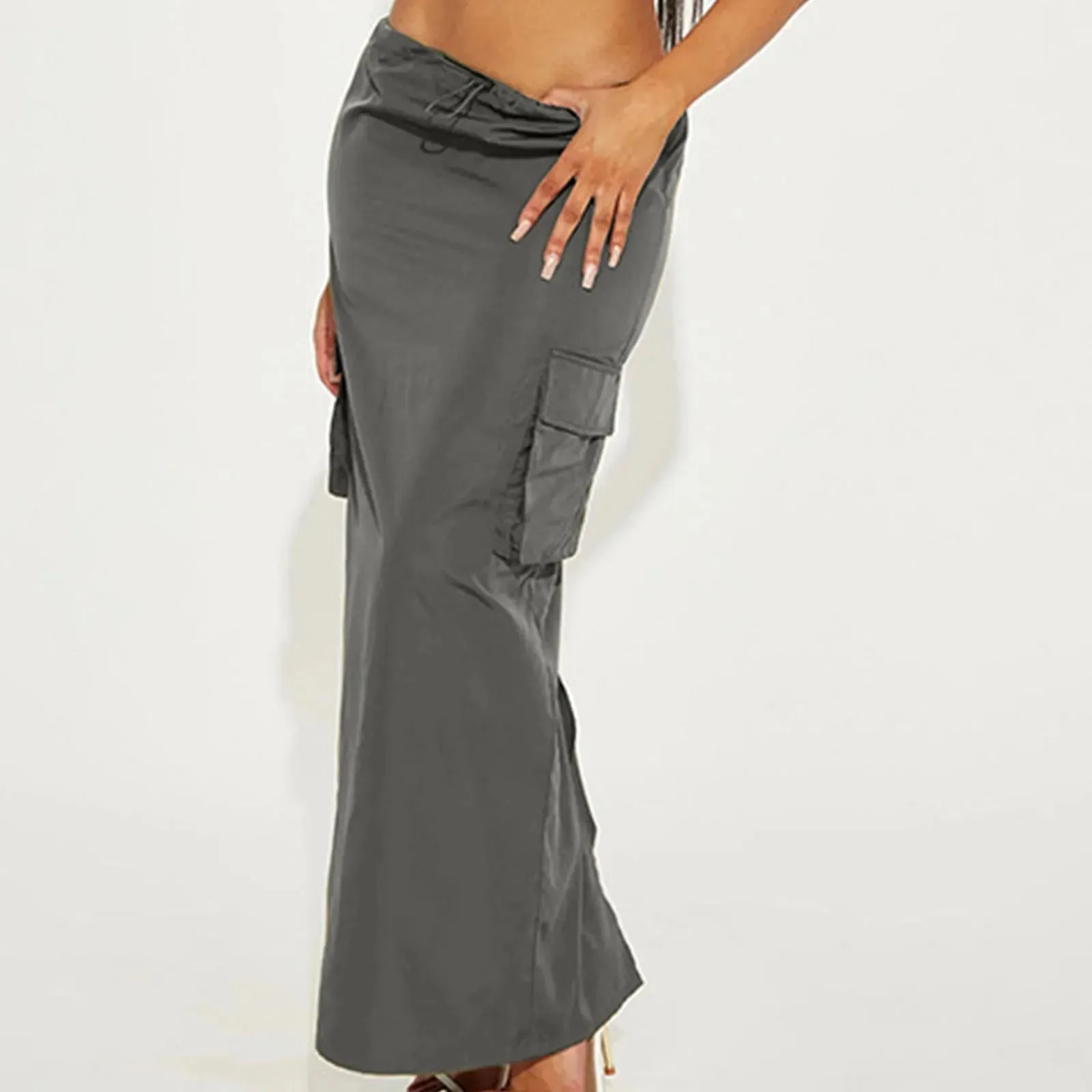 Green Long Cargo Skirt Pocket Side Ruched Slim Zipper Back Slit Hem Maxi Cargo Style Fashion Skirt