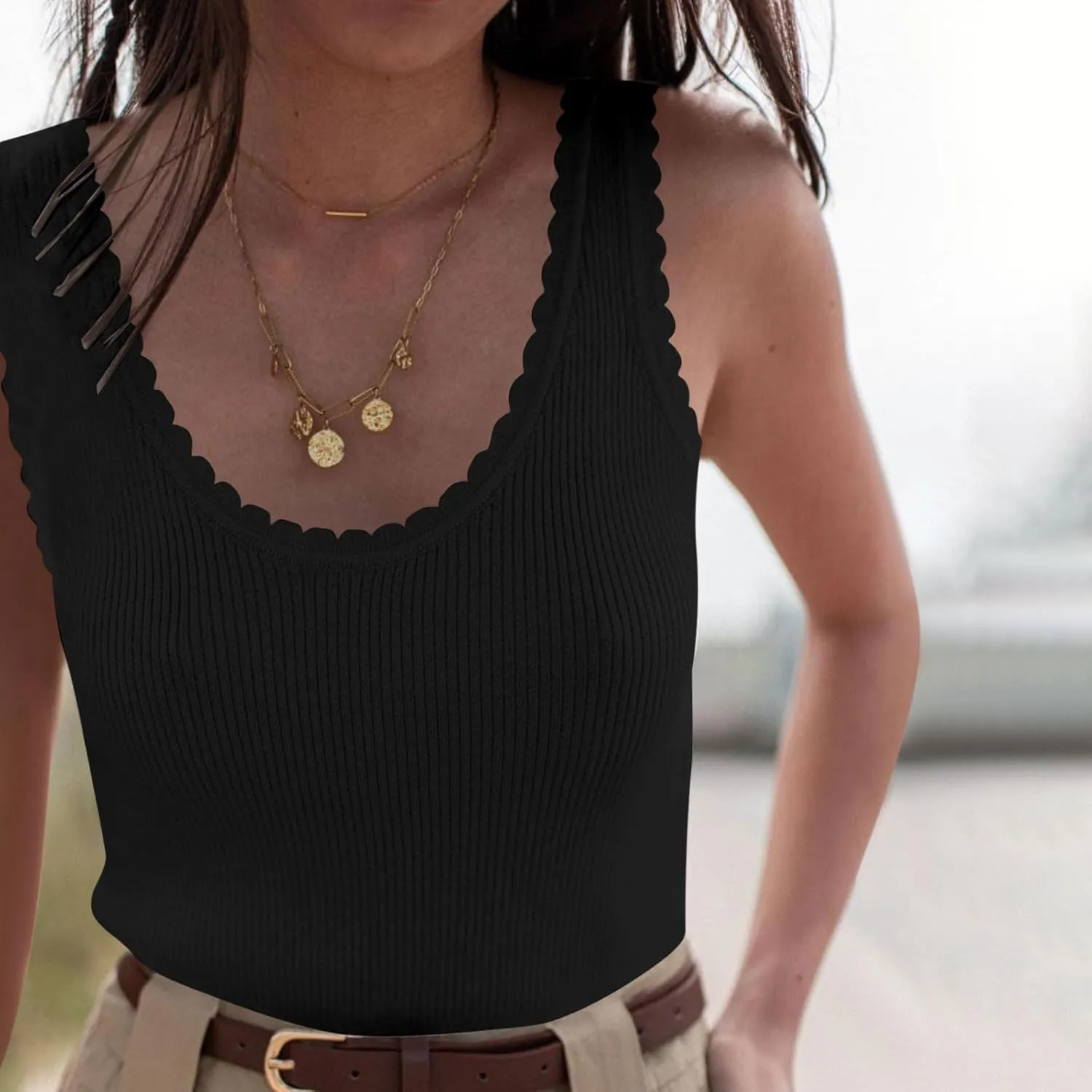 HGps8w Lace Trim Tank Tops for Women Fitted Casual Sleeveless Scoop Neck Ribbed Basic Cami Tee Shirts