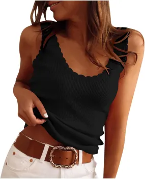HGps8w Lace Trim Tank Tops for Women Fitted Casual Sleeveless Scoop Neck Ribbed Basic Cami Tee Shirts