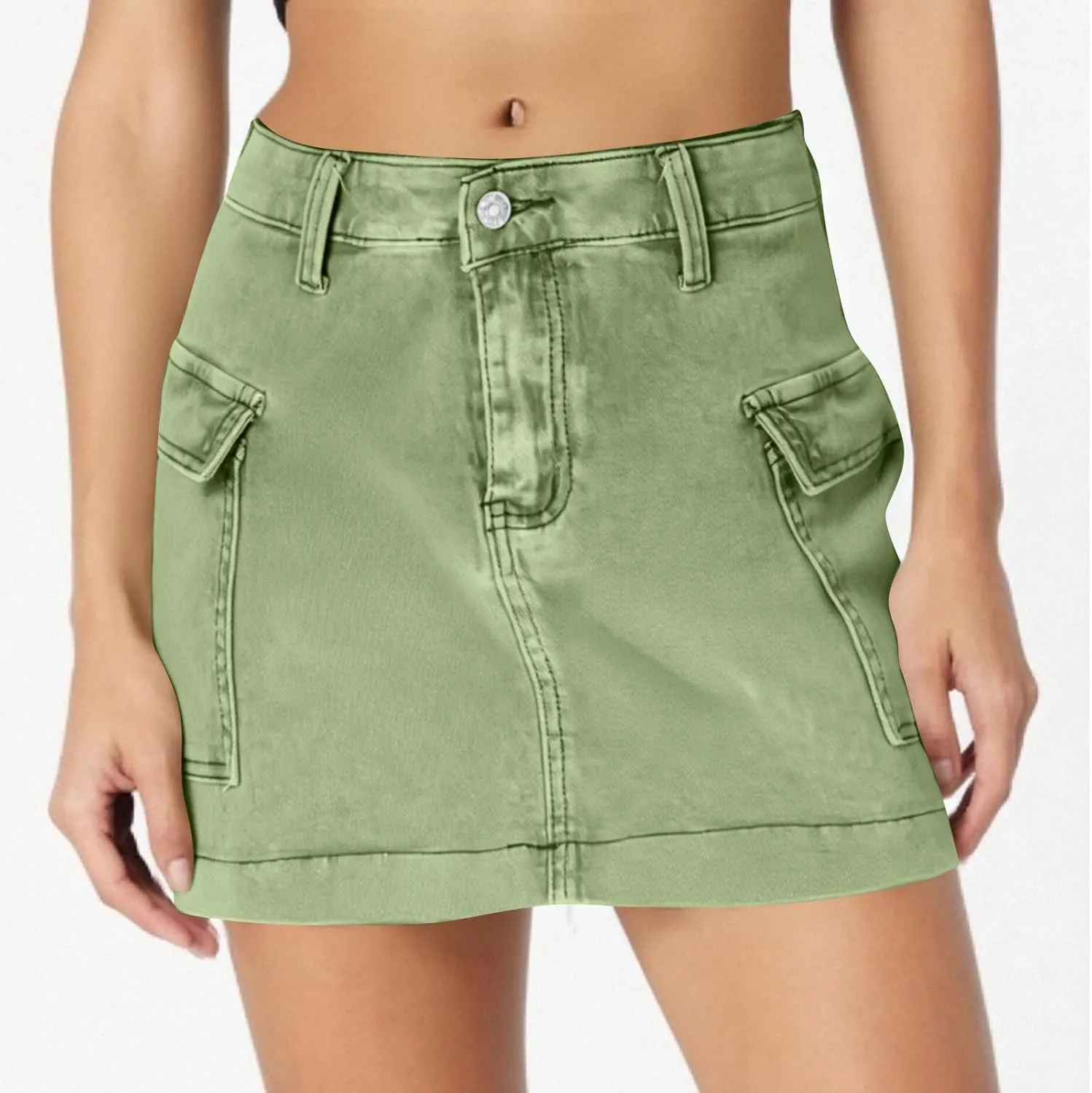 HGps8w Women's Denim Cargo Skirt Classic Zipper Button High Waisted Bodycon Y2K Mini Skirts with Flap Pockets