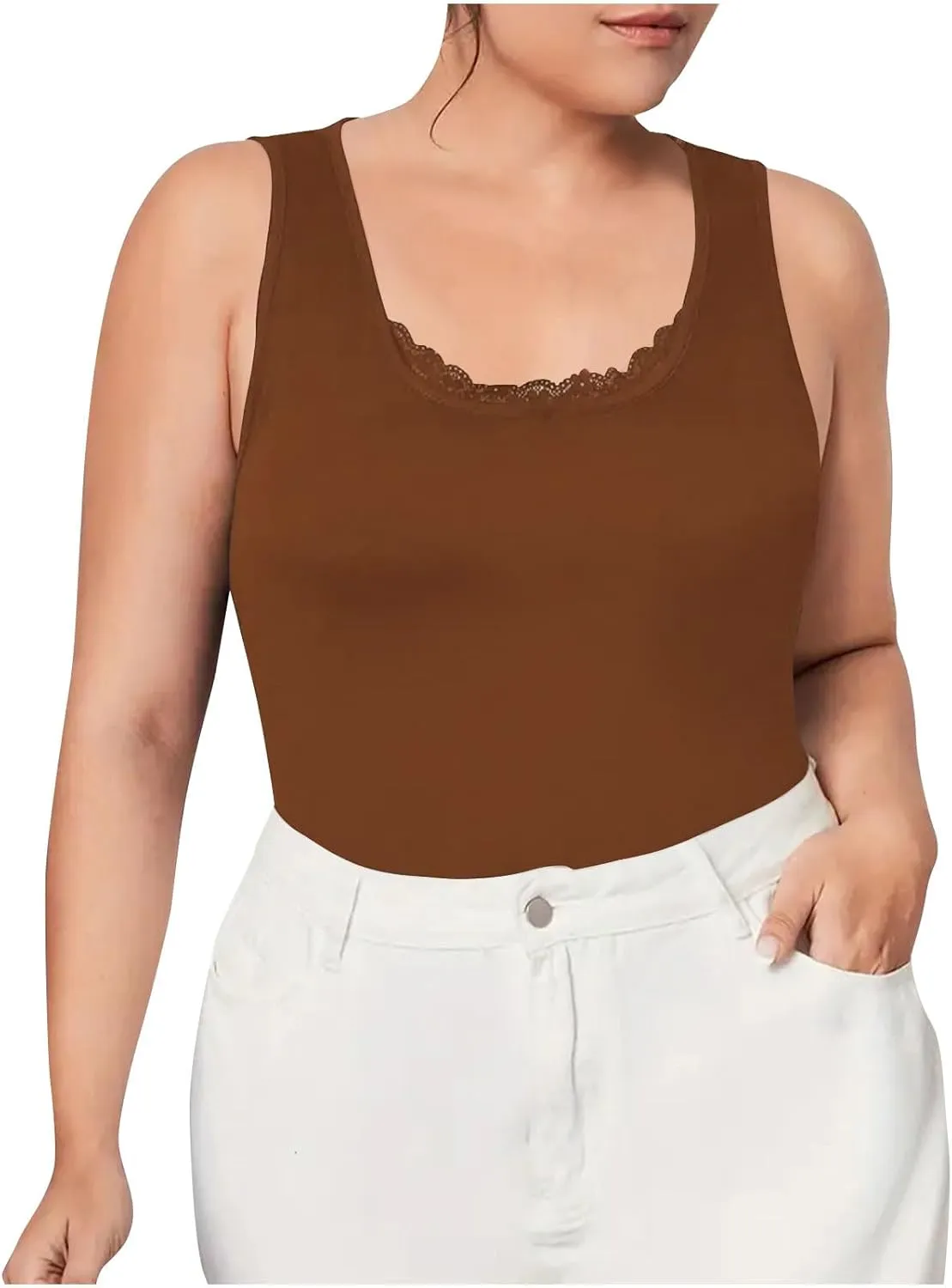 HGps8w Women's Plus Size Tank Tops Summer Sleeveless Lace Trim Scoop Neck Basic Solid Fitted Cami Tee Shirts