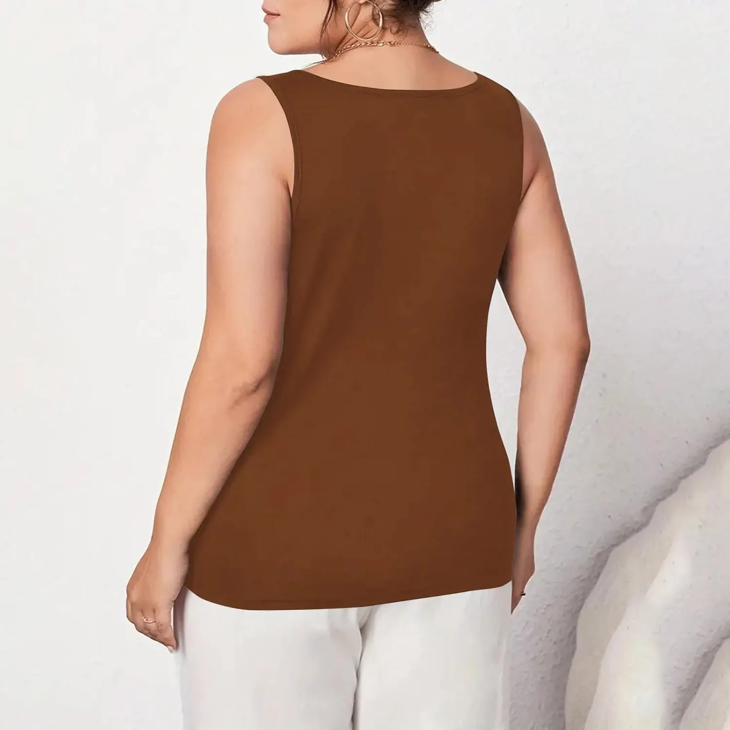 HGps8w Women's Plus Size Tank Tops Summer Sleeveless Lace Trim Scoop Neck Basic Solid Fitted Cami Tee Shirts
