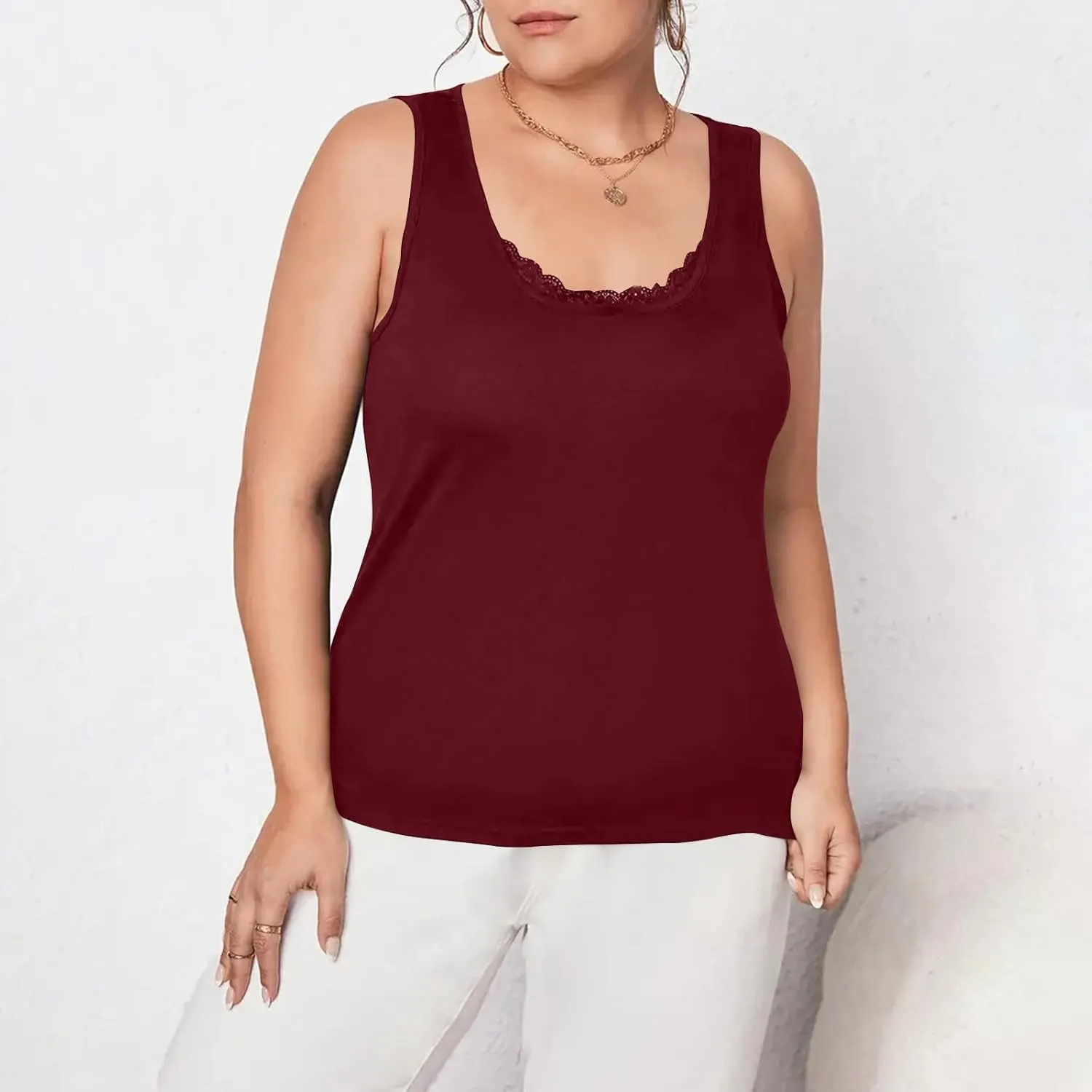 HGps8w Women's Plus Size Tank Tops Summer Sleeveless Lace Trim Scoop Neck Basic Solid Fitted Cami Tee Shirts