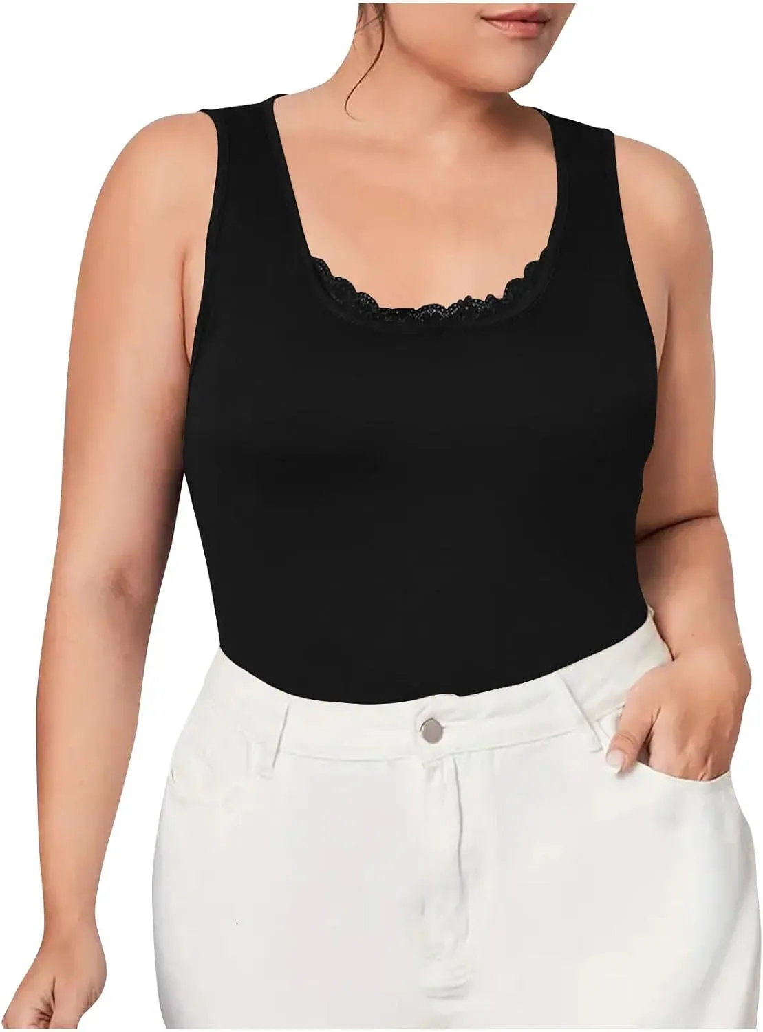 HGps8w Women's Plus Size Tank Tops Summer Sleeveless Lace Trim Scoop Neck Basic Solid Fitted Cami Tee Shirts