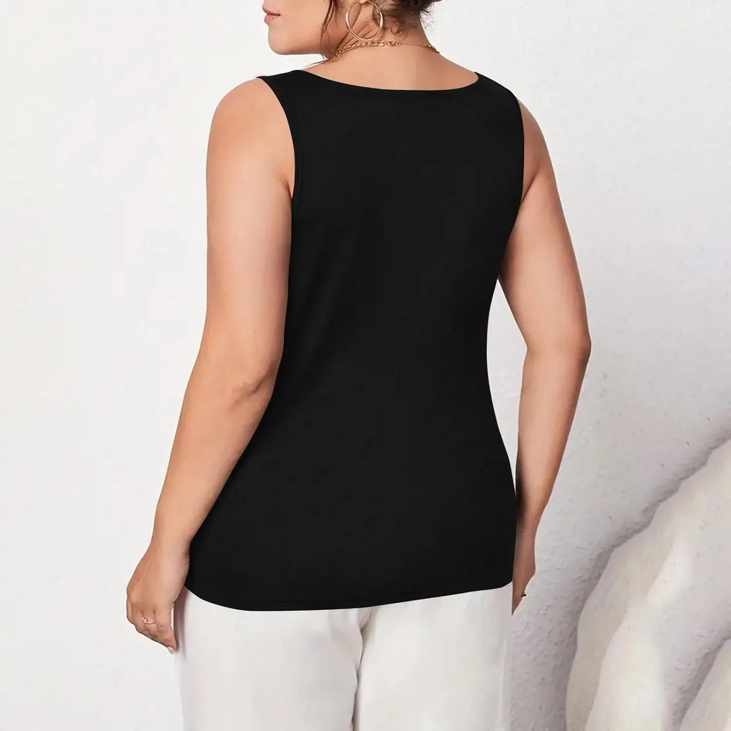 HGps8w Women's Plus Size Tank Tops Summer Sleeveless Lace Trim Scoop Neck Basic Solid Fitted Cami Tee Shirts