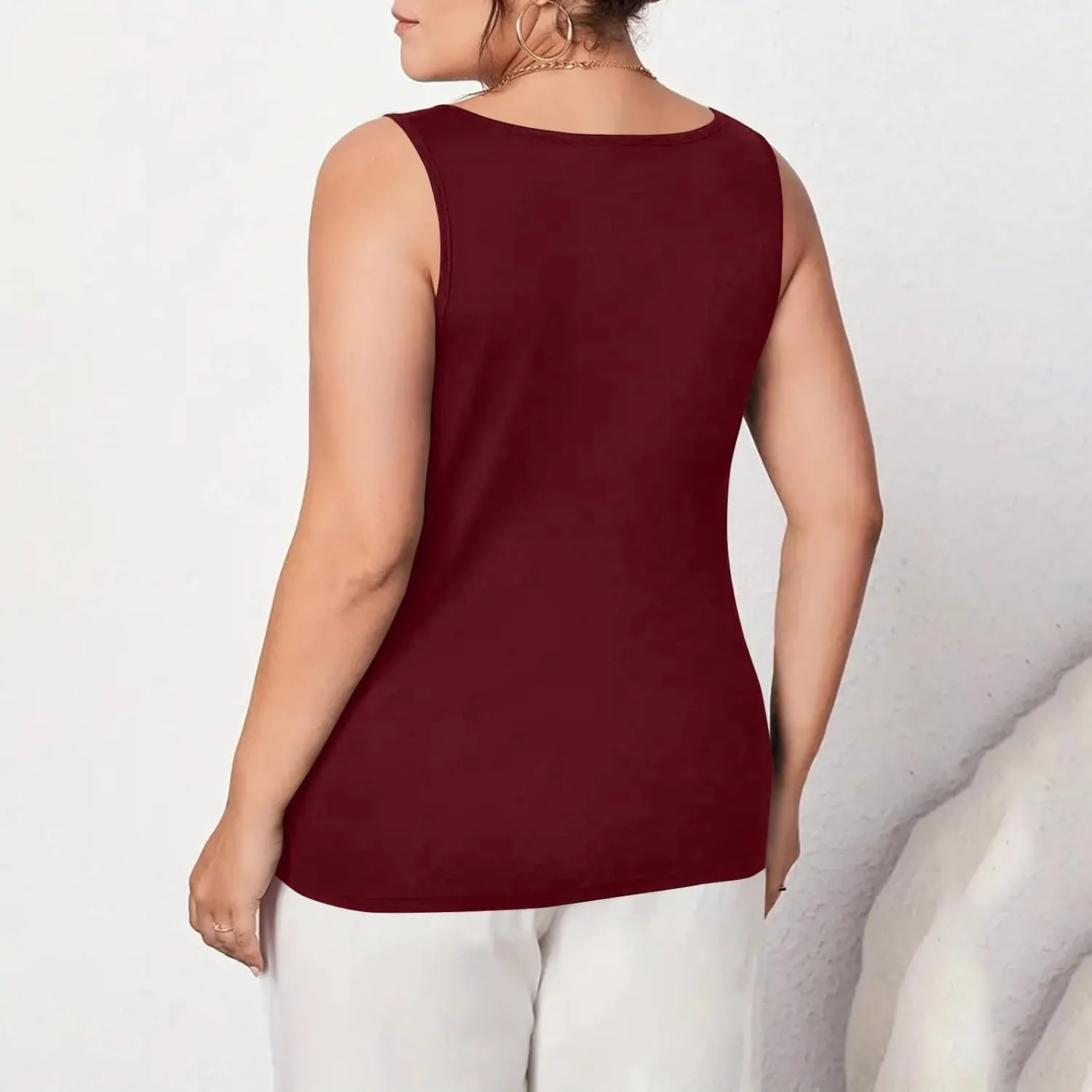 HGps8w Women's Plus Size Tank Tops Summer Sleeveless Lace Trim Scoop Neck Basic Solid Fitted Cami Tee Shirts