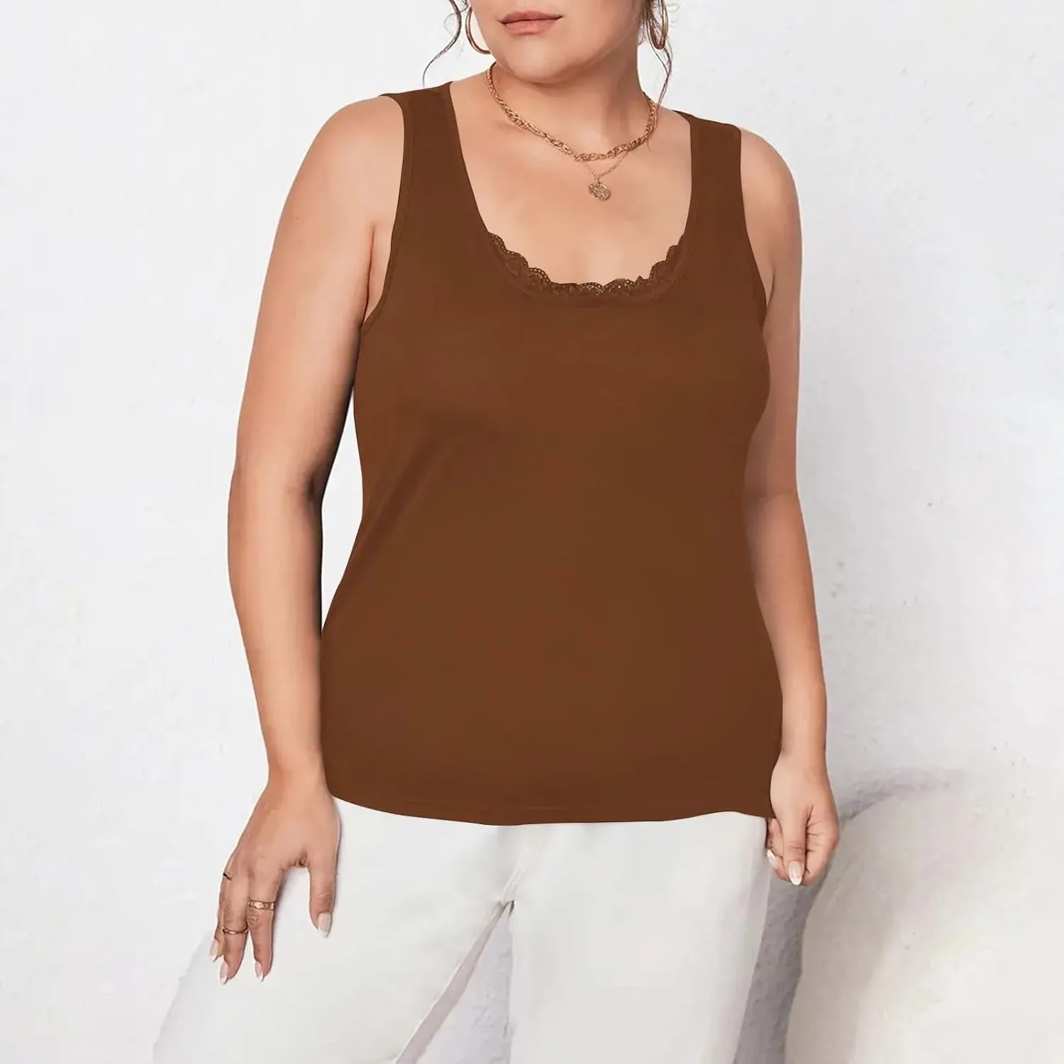 HGps8w Women's Plus Size Tank Tops Summer Sleeveless Lace Trim Scoop Neck Basic Solid Fitted Cami Tee Shirts
