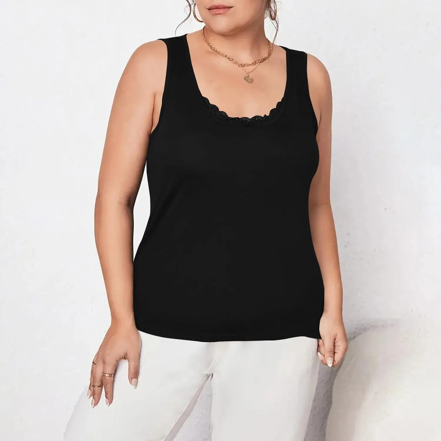 HGps8w Women's Plus Size Tank Tops Summer Sleeveless Lace Trim Scoop Neck Basic Solid Fitted Cami Tee Shirts