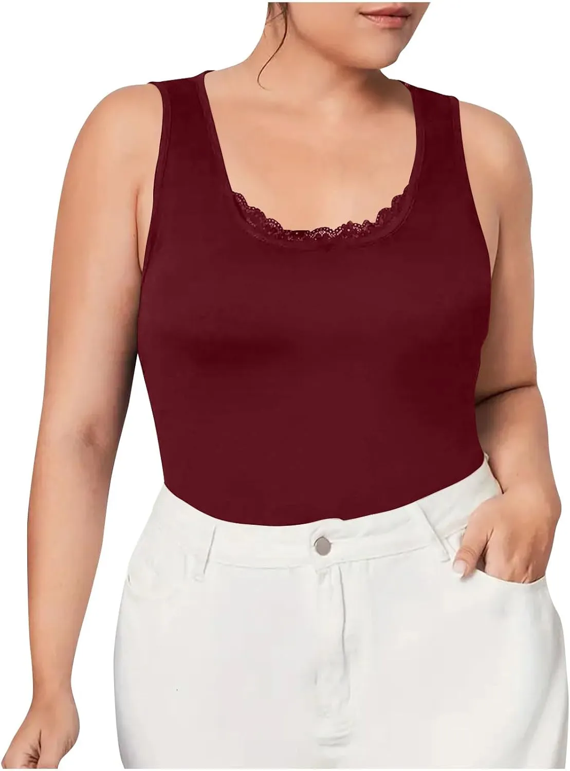 HGps8w Women's Plus Size Tank Tops Summer Sleeveless Lace Trim Scoop Neck Basic Solid Fitted Cami Tee Shirts