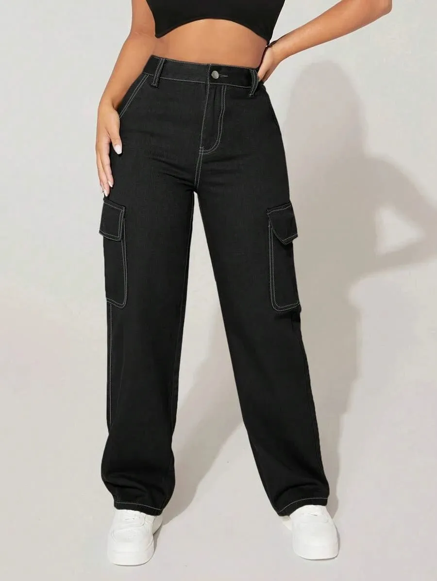 High Waist Easy Wear Cargo Jeans